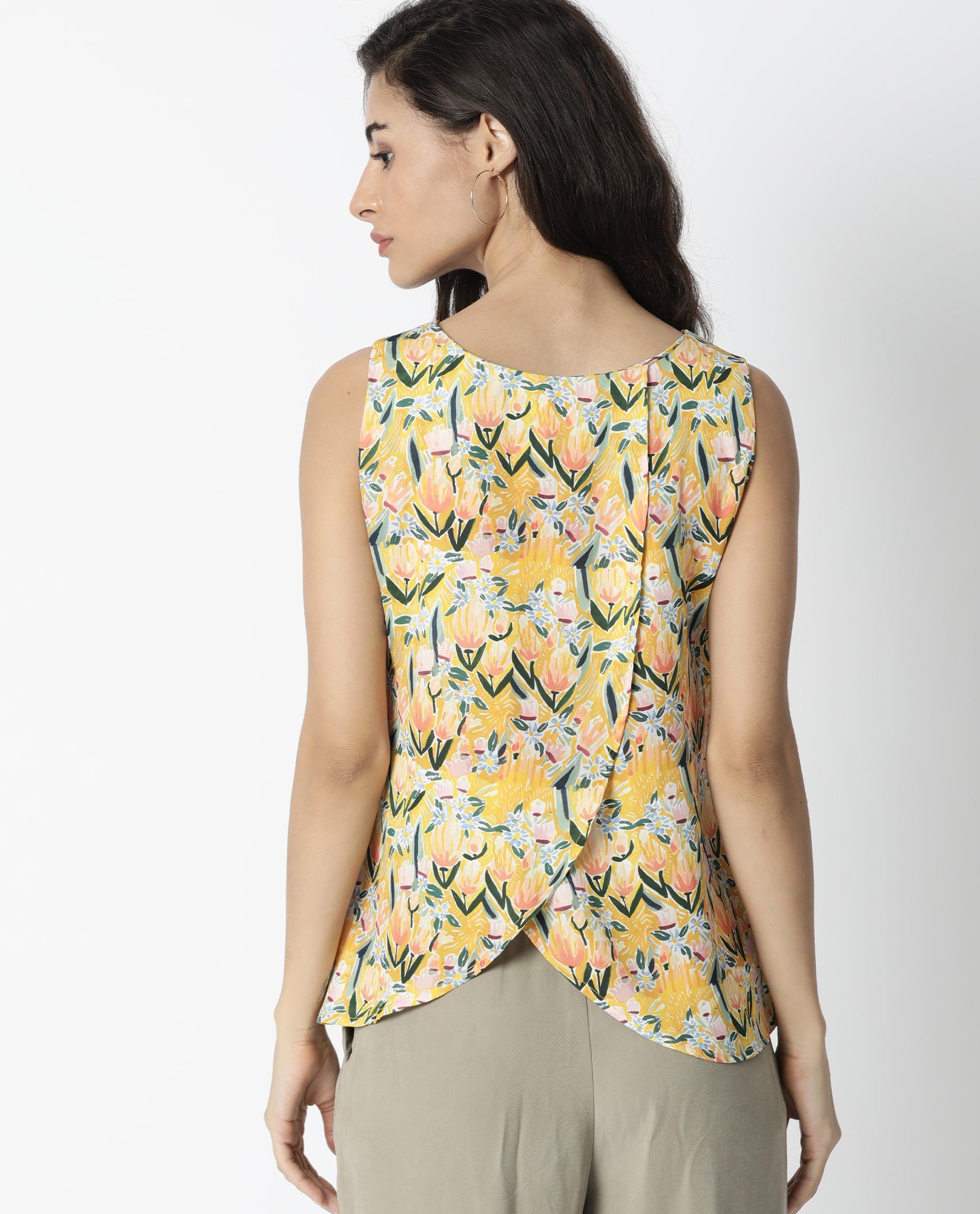 Rareism Women's Look Yellow V-Neck Floral Print Sleeveless Relaxed Fit Top - Image 3