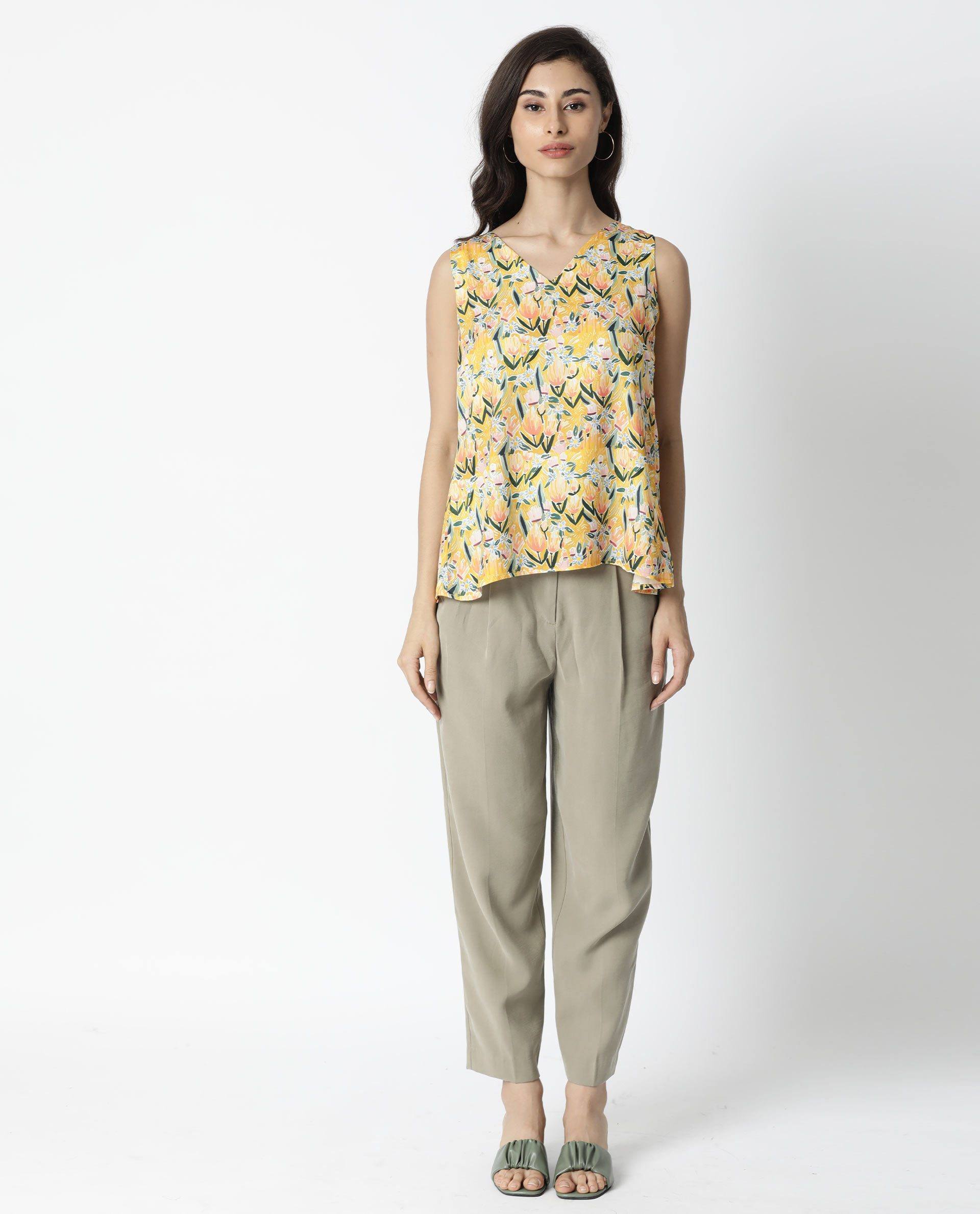 Rareism Women's Look Yellow V-Neck Floral Print Sleeveless Relaxed Fit Top - Image 4