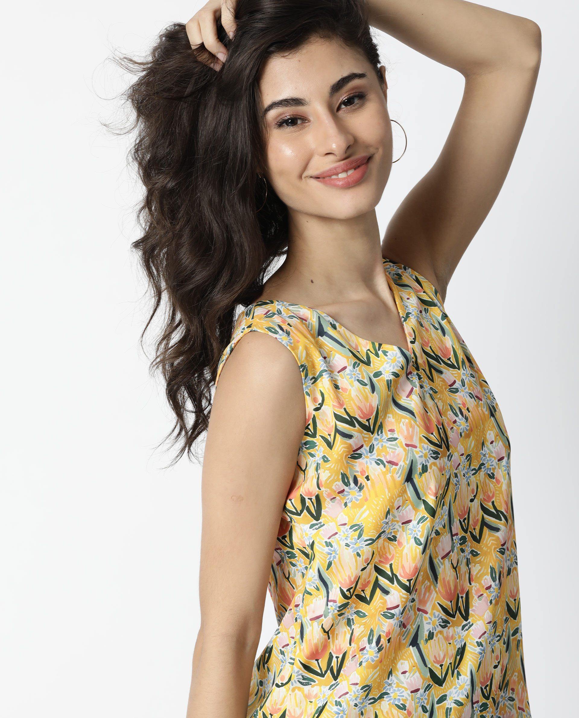 Rareism Women's Look Yellow V-Neck Floral Print Sleeveless Relaxed Fit Top - Image 5