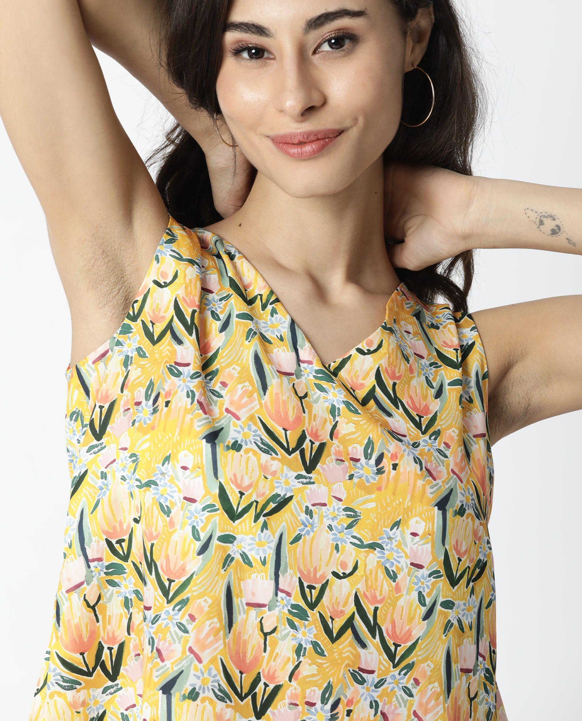 Rareism Women's Look Yellow V-Neck Floral Print Sleeveless Relaxed Fit Top - Image 6