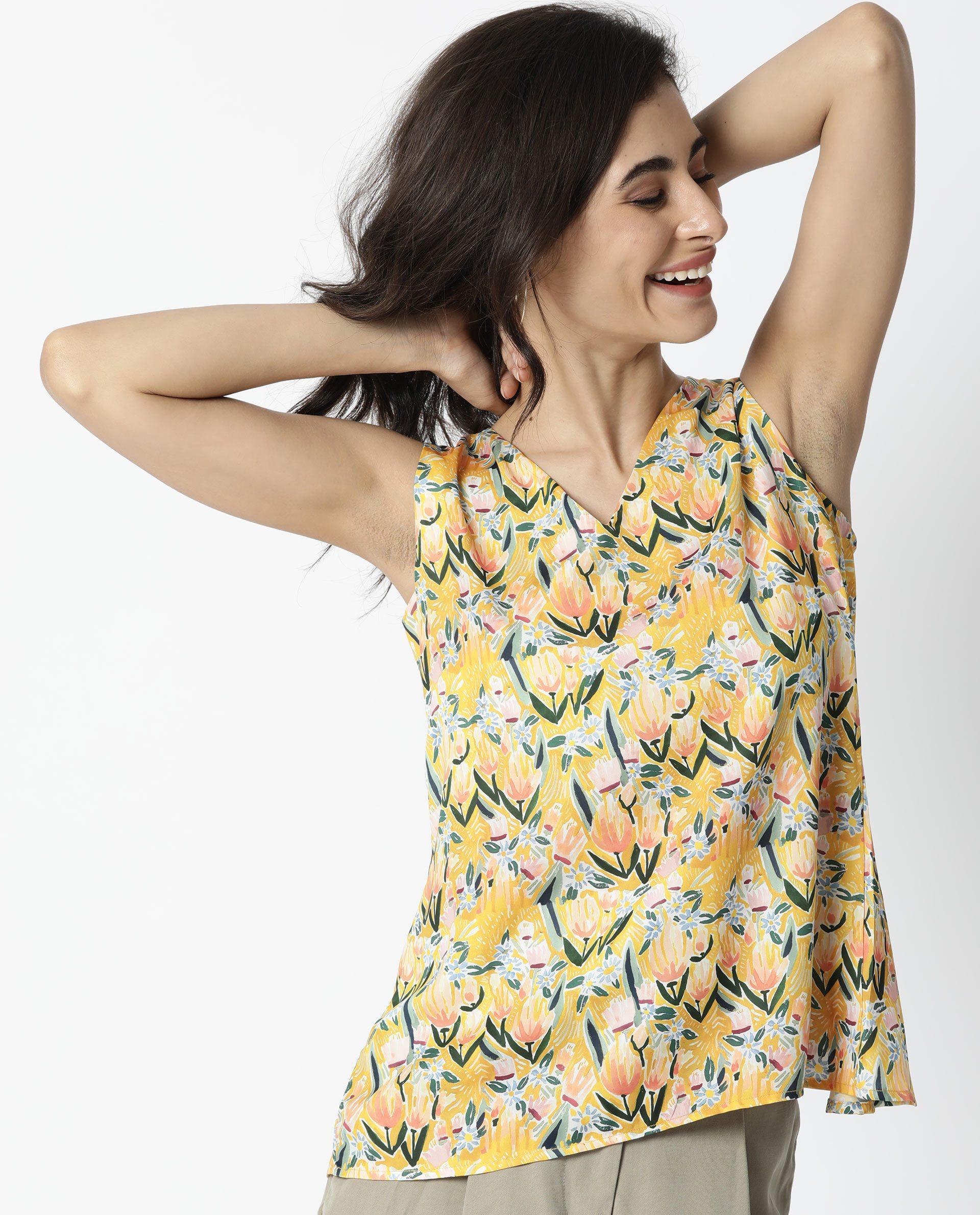 Rareism Women's Look Yellow V-Neck Floral Print Sleeveless Relaxed Fit Top - Image 7