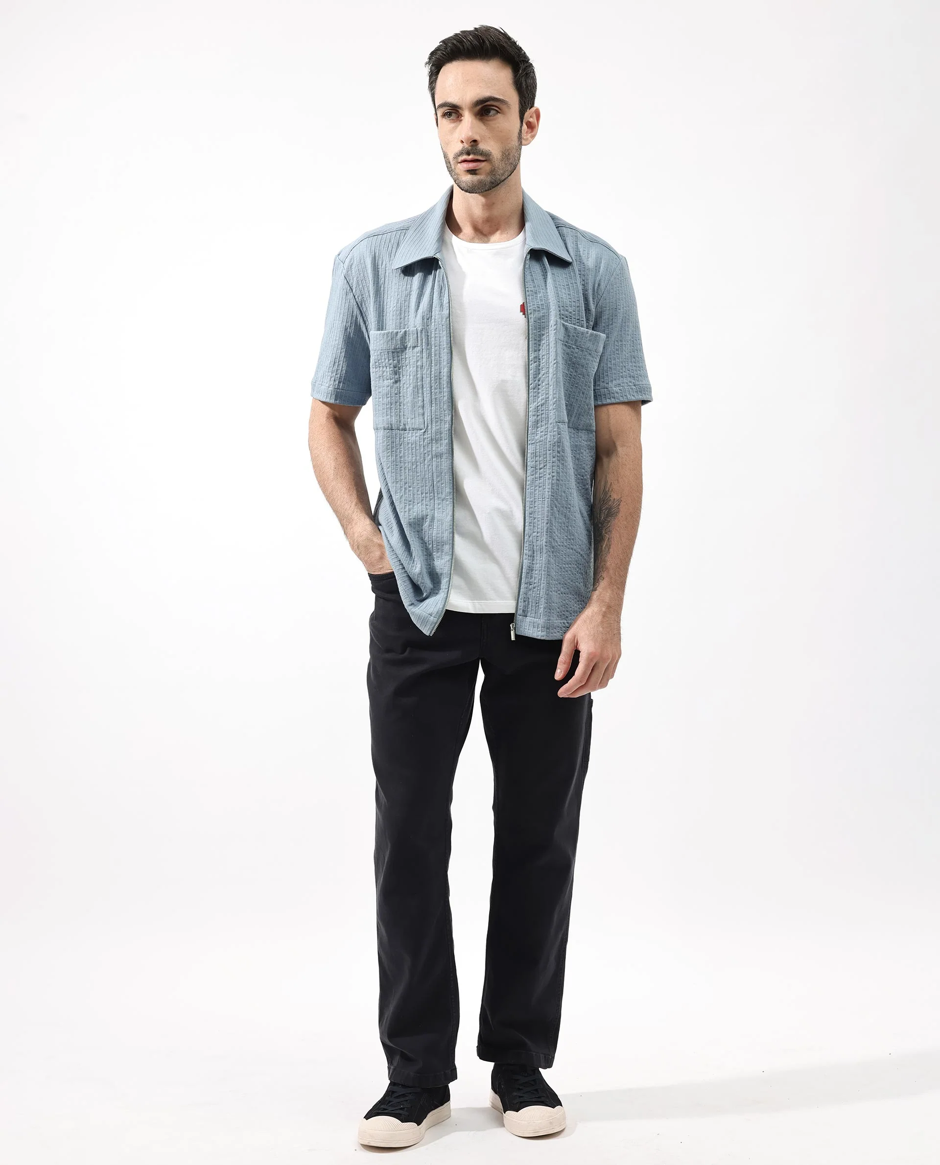 Rare Rabbit Men's Loomz Dusky Blue Cotton Textured Boxy Fit Half Sleeve Collared Shirt - Image 2
