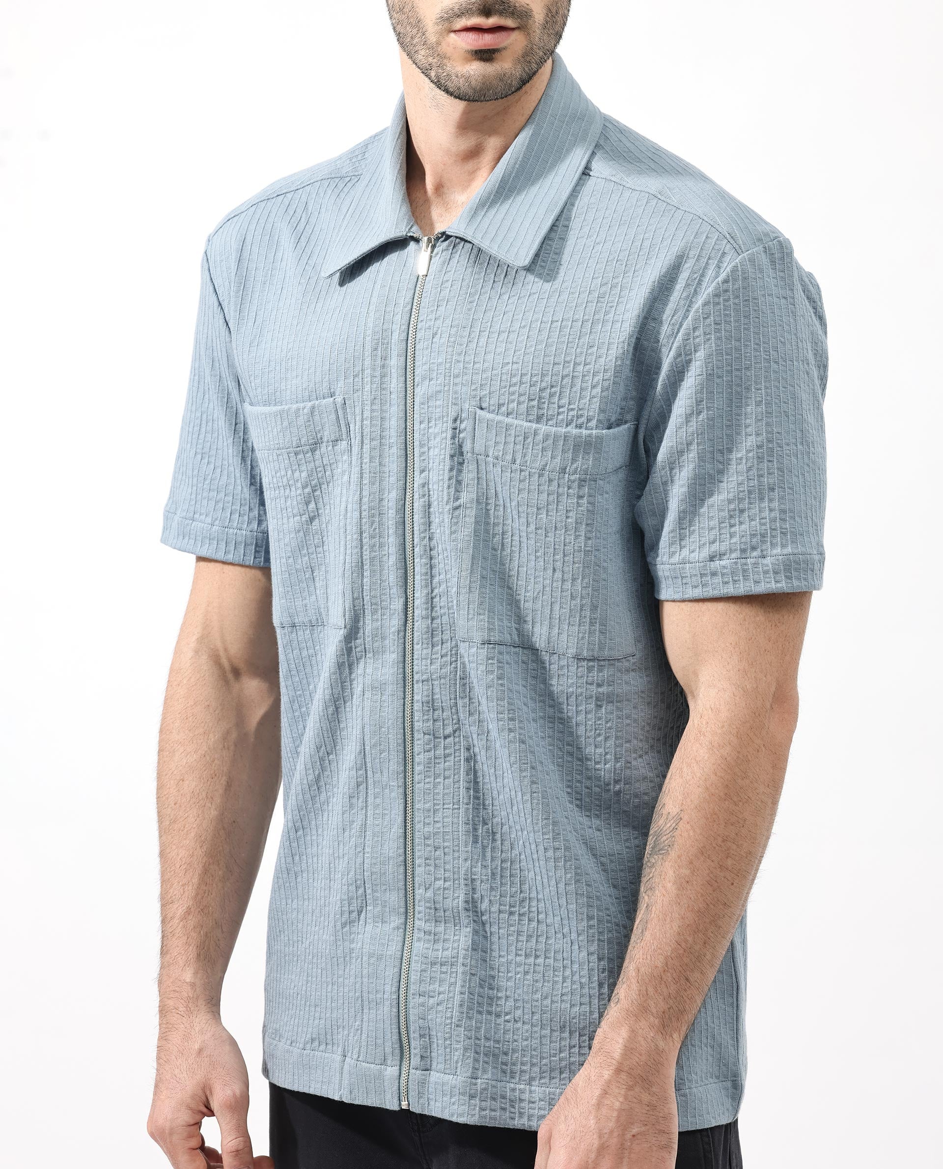 Rare Rabbit Men's Loomz Dusky Blue Cotton Textured Boxy Fit Half Sleeve Collared Shirt - Image 3