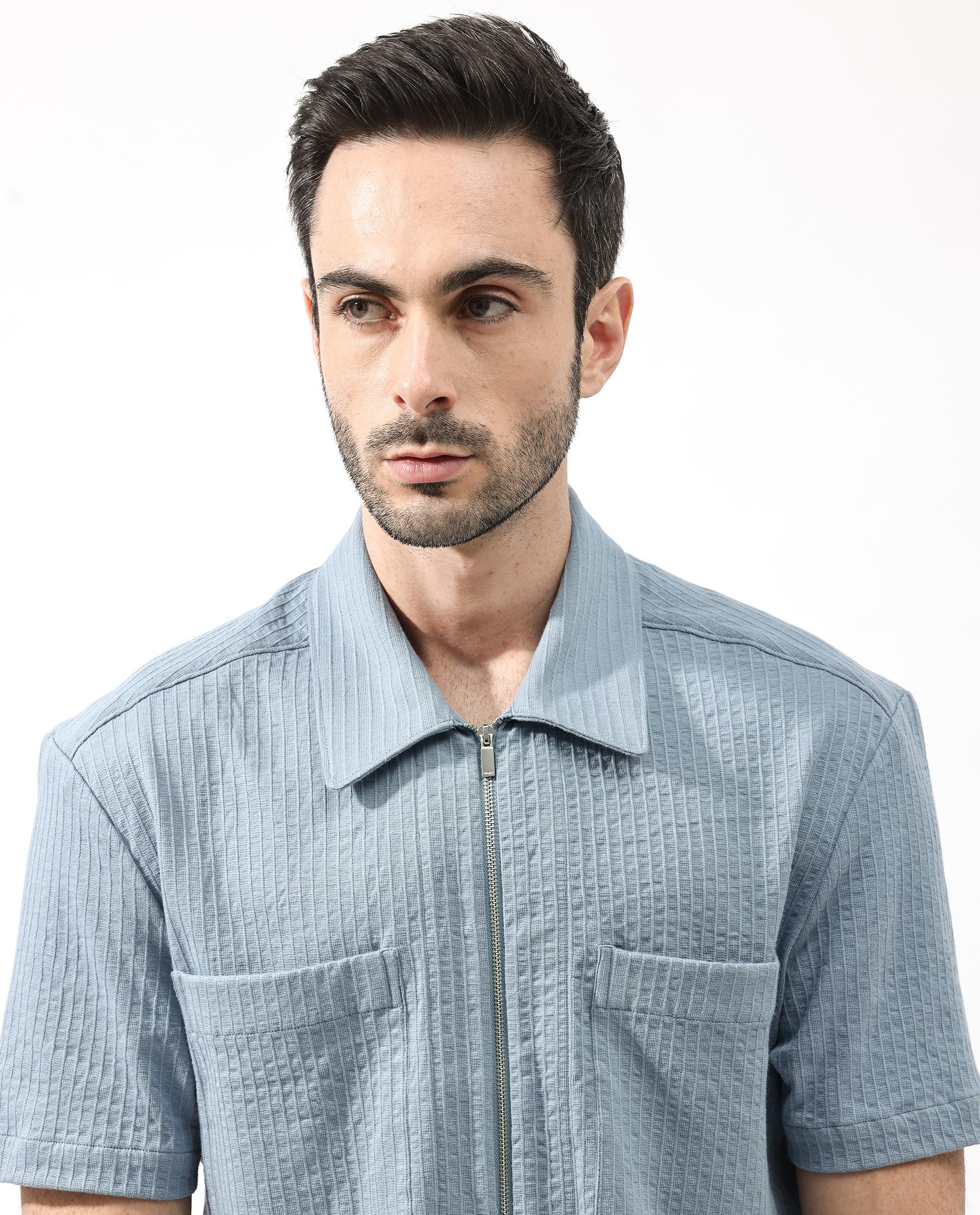 Rare Rabbit Men's Loomz Dusky Blue Cotton Textured Boxy Fit Half Sleeve Collared Shirt - Image 4