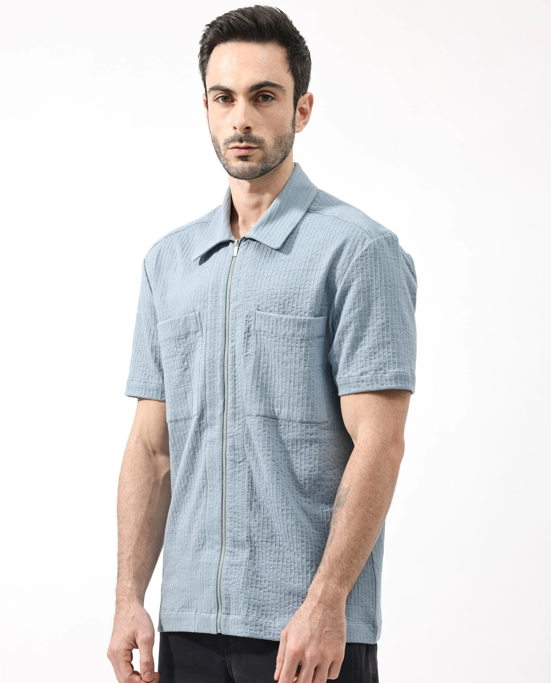 Rare Rabbit Men's Loomz Dusky Blue Cotton Textured Boxy Fit Half Sleeve Collared Shirt - Image 5