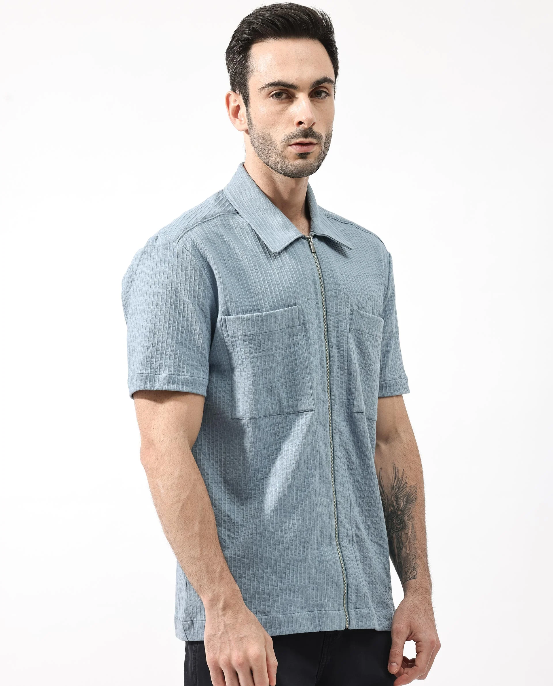 Rare Rabbit Men's Loomz Dusky Blue Cotton Textured Boxy Fit Half Sleeve Collared Shirt - Image 6