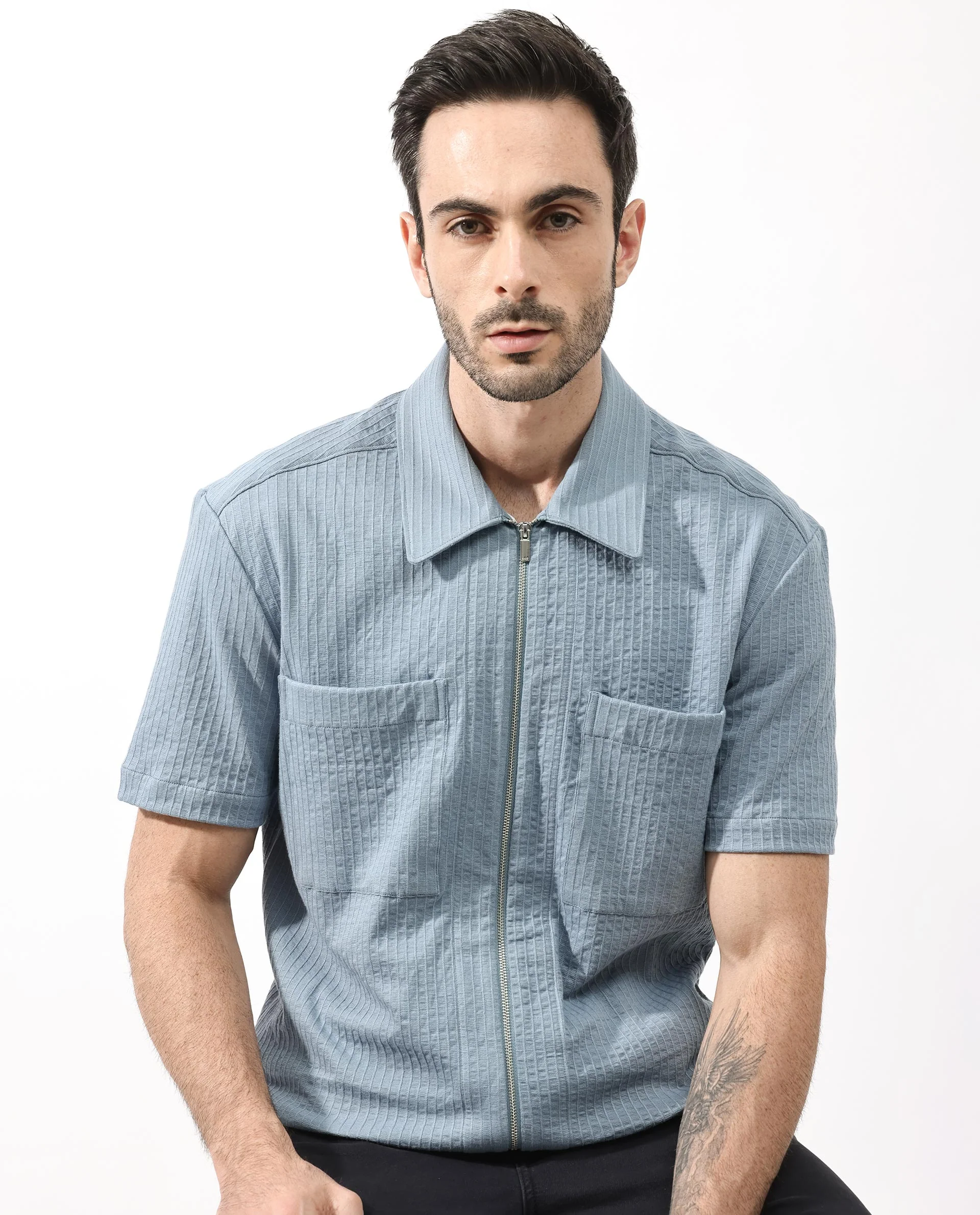 Rare Rabbit Men's Loomz Dusky Blue Cotton Textured Boxy Fit Half Sleeve Collared Shirt - Image 7