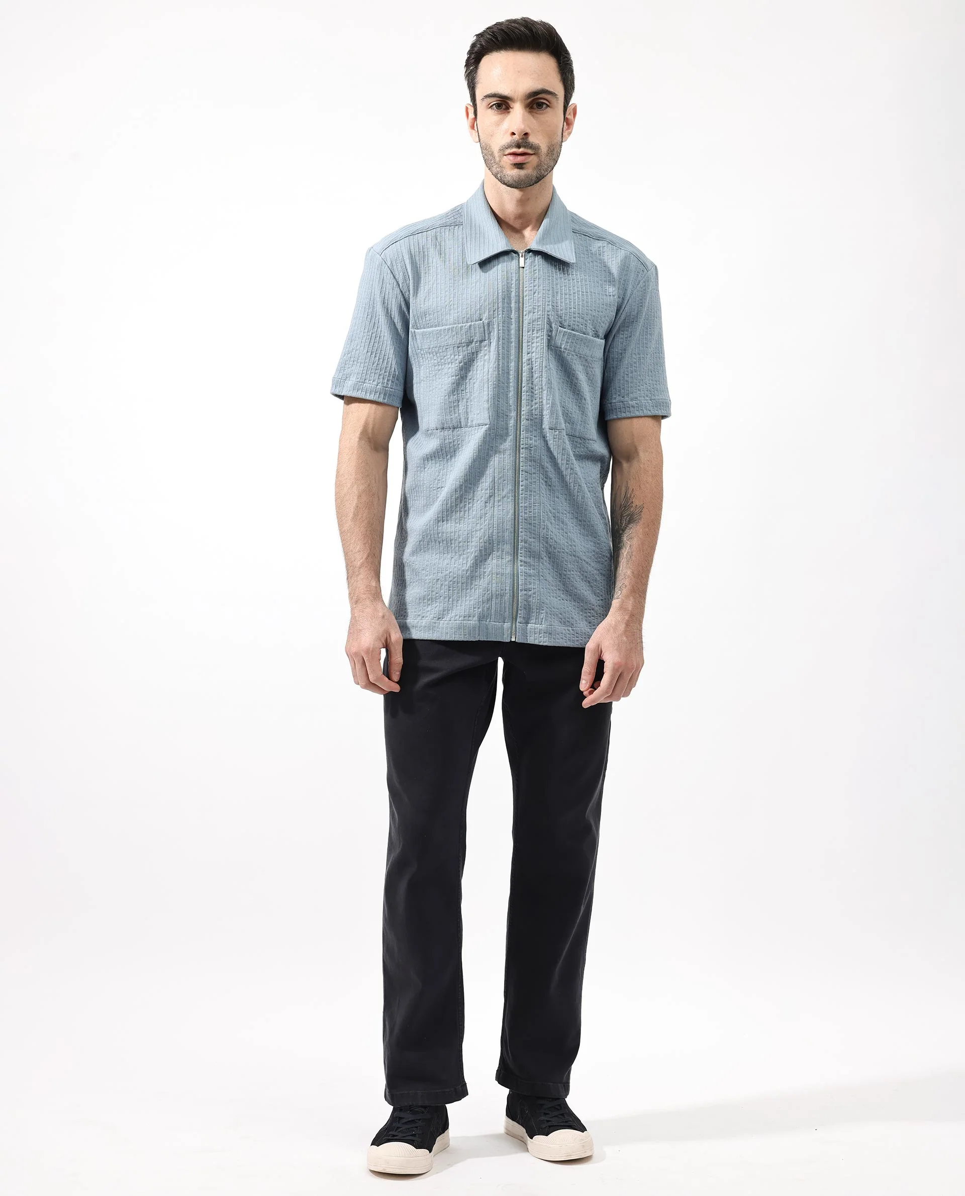 Rare Rabbit Men's Loomz Dusky Blue Cotton Textured Boxy Fit Half Sleeve Collared Shirt - Image 8