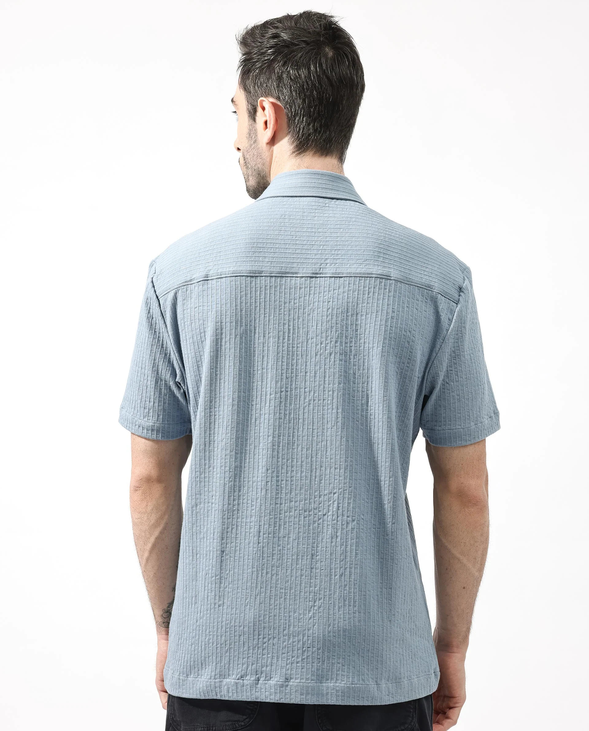 Rare Rabbit Men's Loomz Dusky Blue Cotton Textured Boxy Fit Half Sleeve Collared Shirt - Image 9