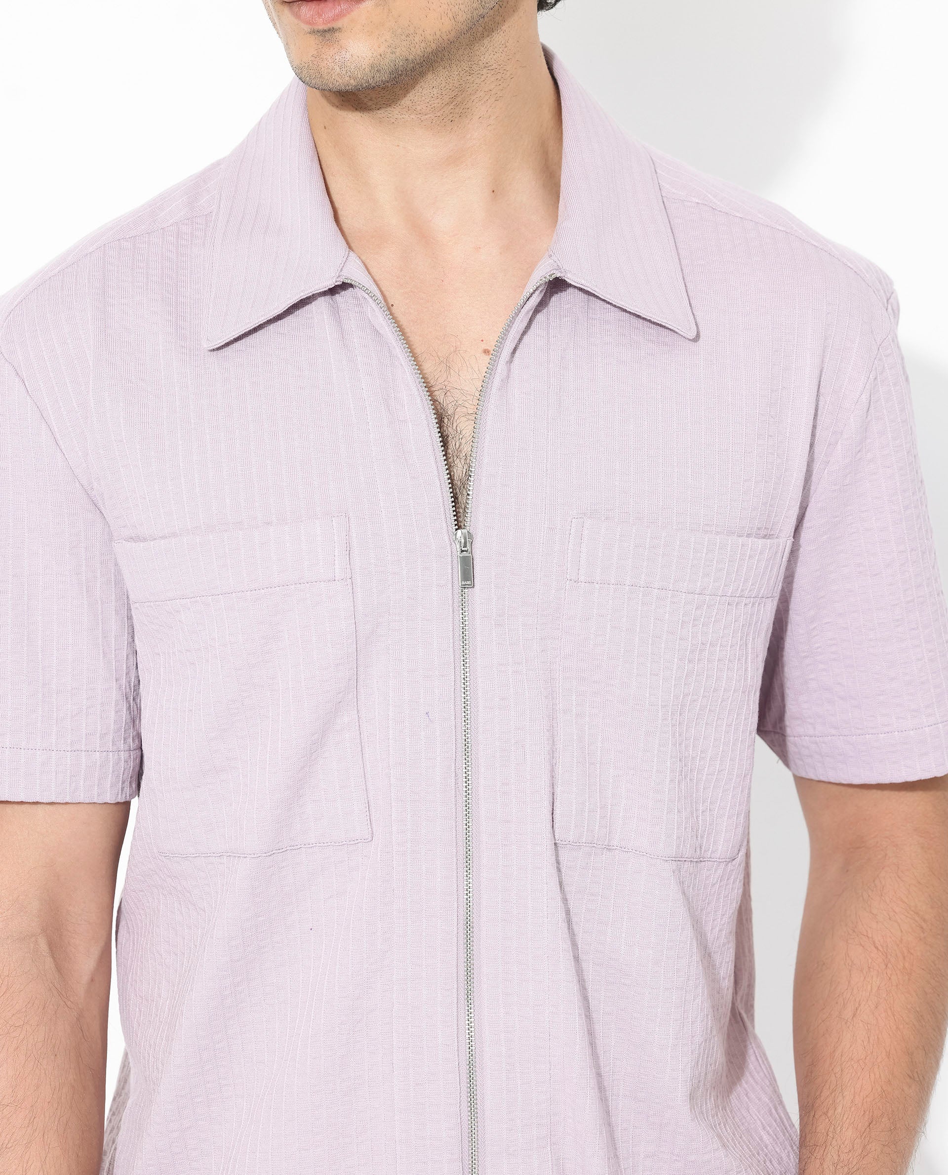 Rare Rabbit Men's Loomz Dusky Purple Cotton Textured Boxy Fit Half Sleeve Collared Shirt - Image 3