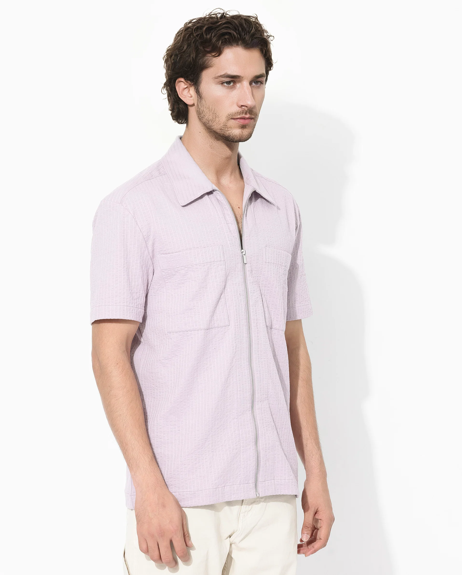 Rare Rabbit Men's Loomz Dusky Purple Cotton Textured Boxy Fit Half Sleeve Collared Shirt - Image 4