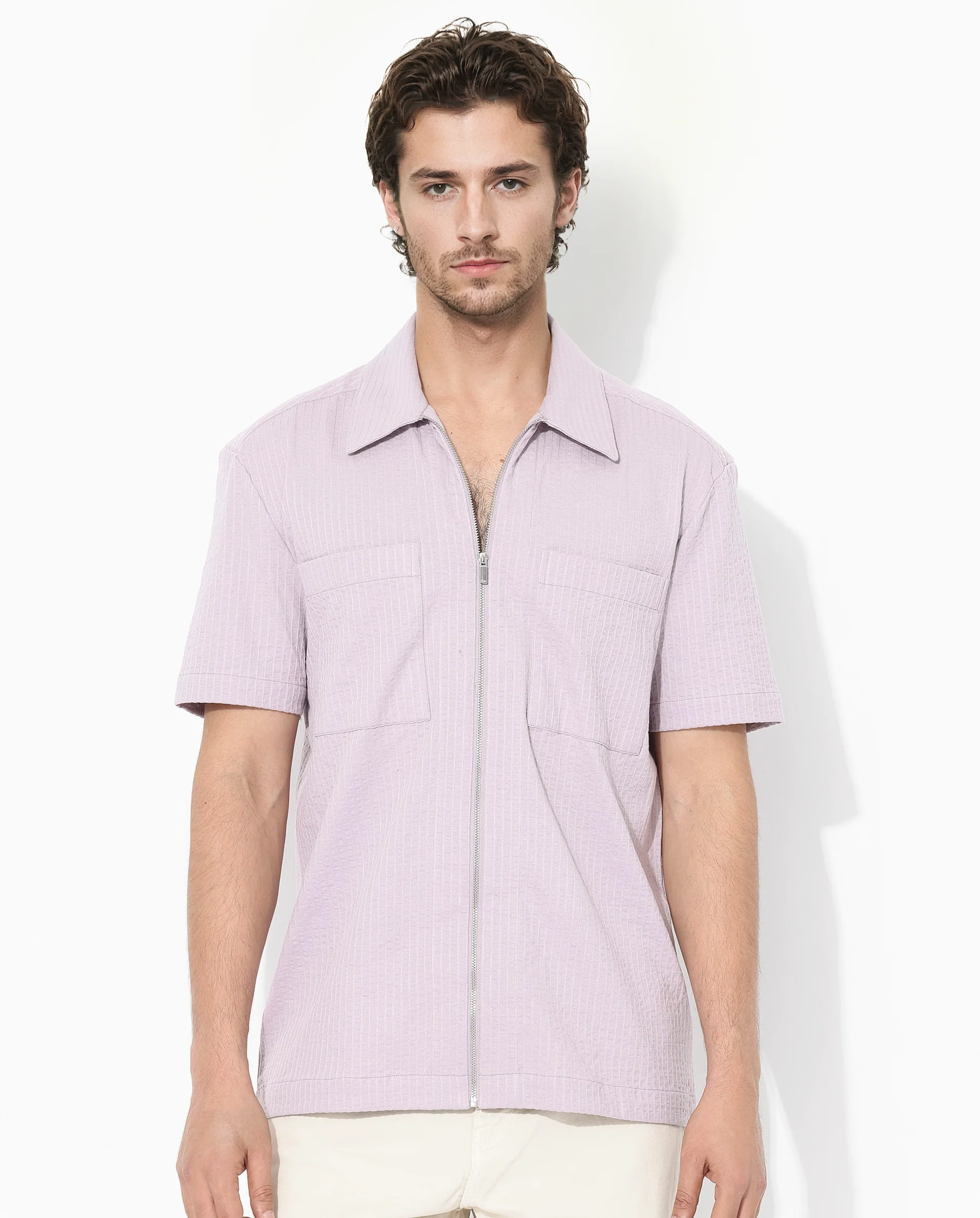Rare Rabbit Men's Loomz Dusky Purple Cotton Textured Boxy Fit Half Sleeve Collared Shirt - Image 5