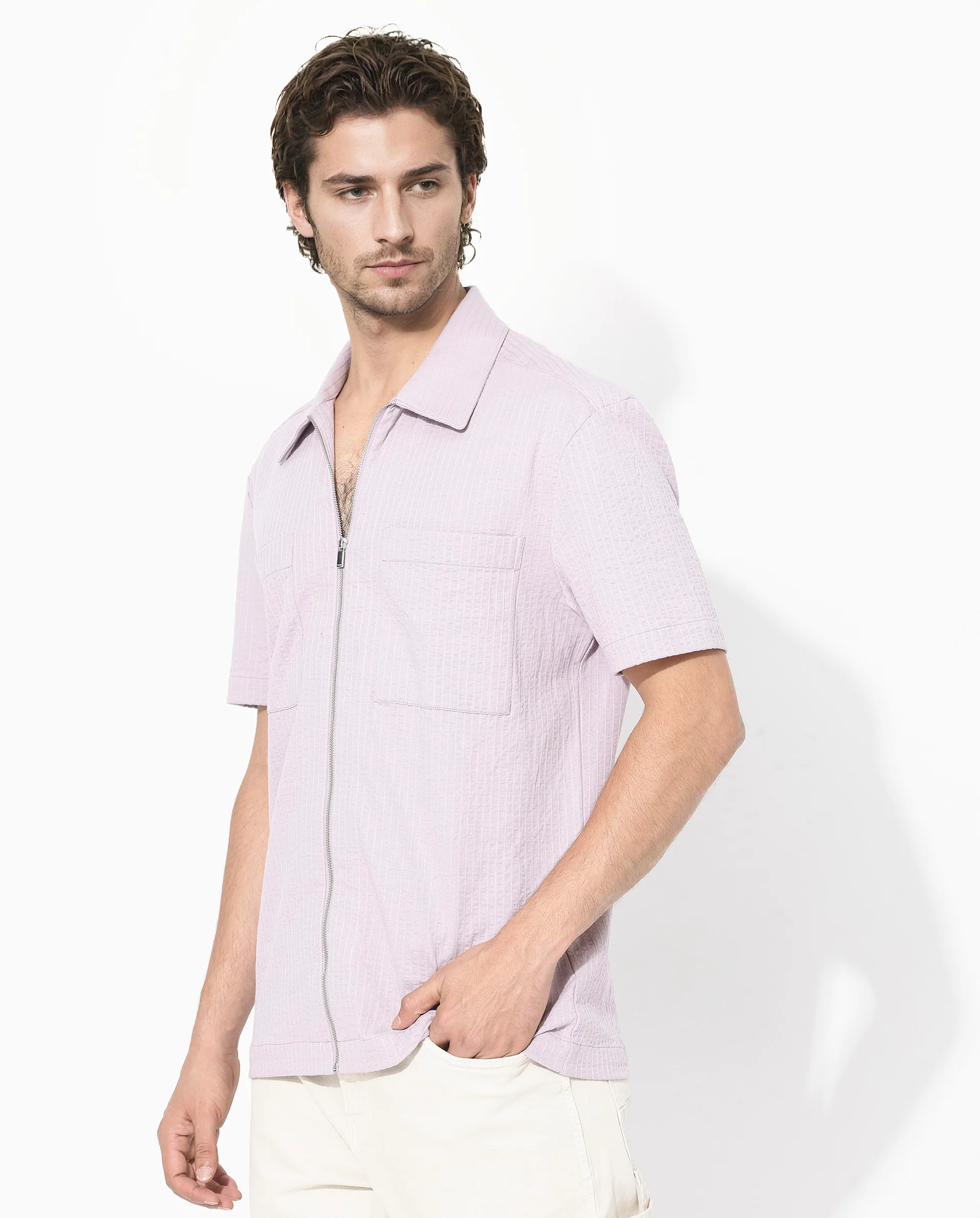 Rare Rabbit Men's Loomz Dusky Purple Cotton Textured Boxy Fit Half Sleeve Collared Shirt - Image 6