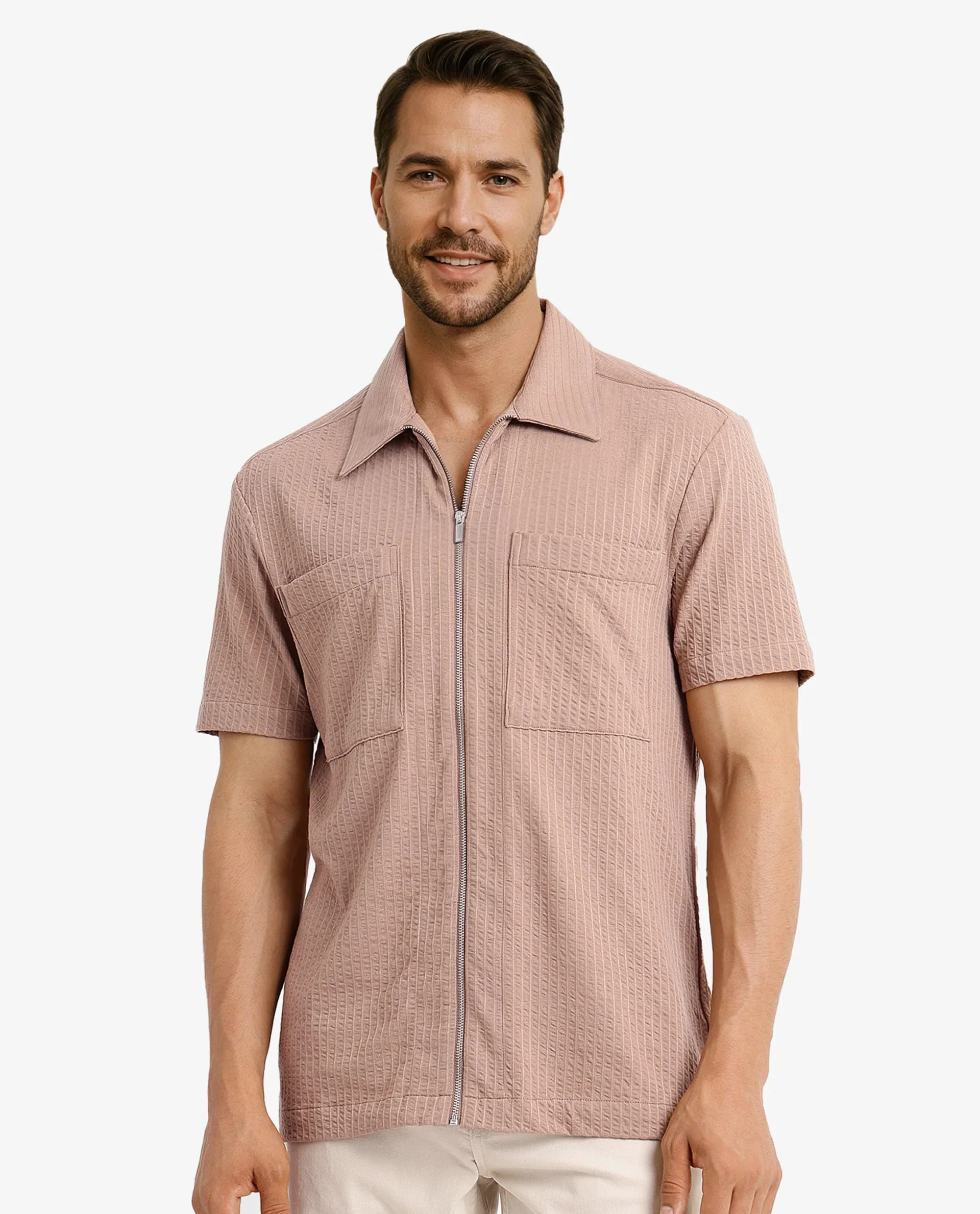 Rare Rabbit Men's Loomz Light Brown Cotton Textured Boxy Fit Half Sleeve Spread Collar Shirt