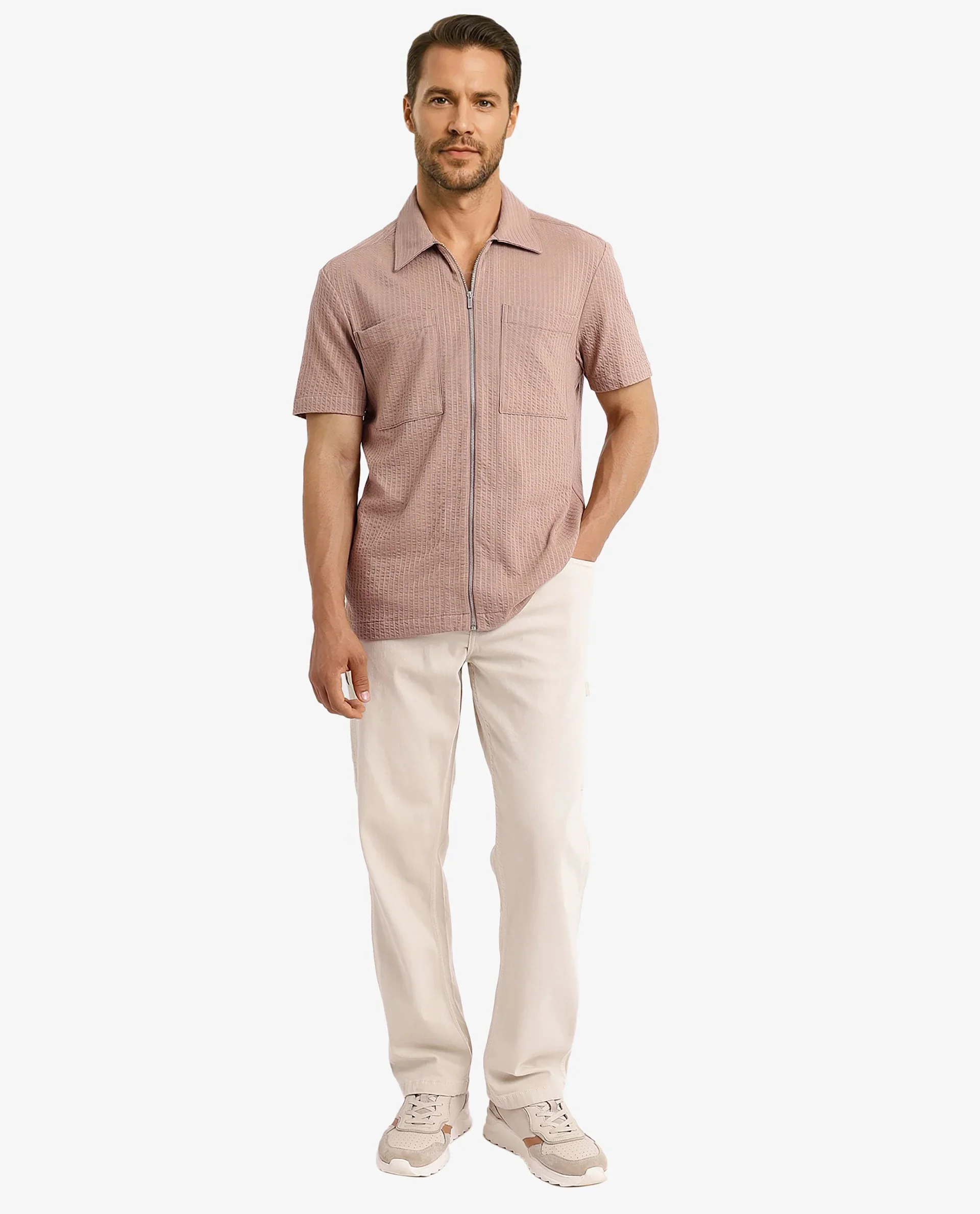 Rare Rabbit Men's Loomz Light Brown Cotton Textured Boxy Fit Half Sleeve Spread Collar Shirt - Image 2