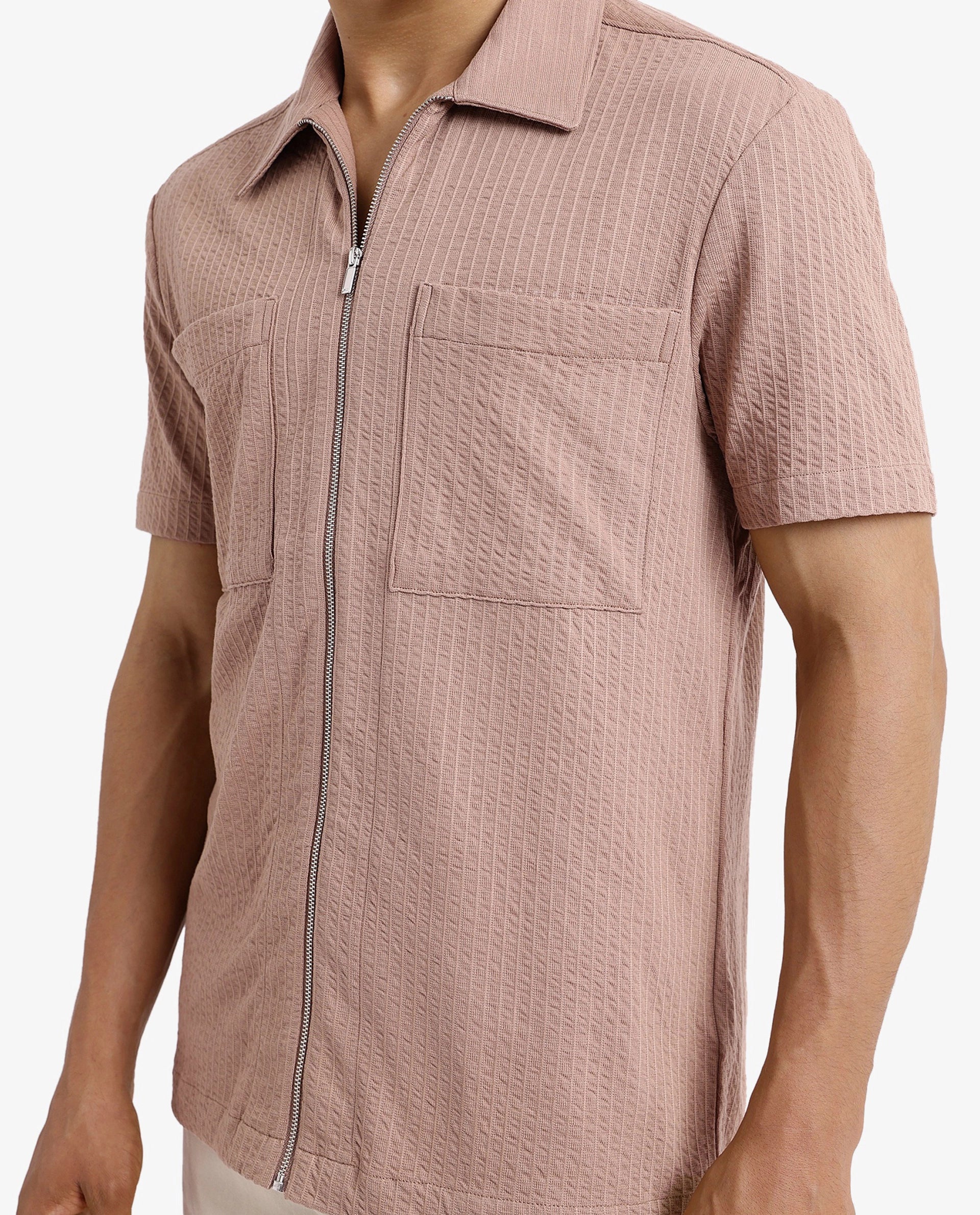 Rare Rabbit Men's Loomz Light Brown Cotton Textured Boxy Fit Half Sleeve Spread Collar Shirt - Image 3