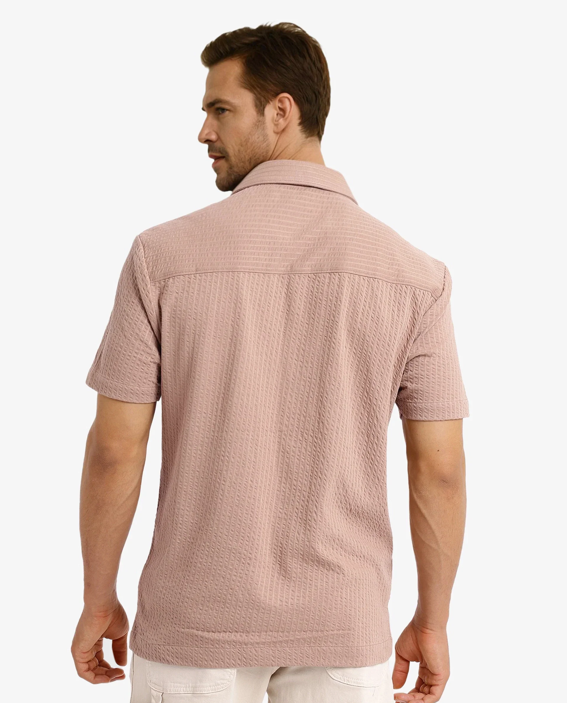 Rare Rabbit Men's Loomz Light Brown Cotton Textured Boxy Fit Half Sleeve Spread Collar Shirt - Image 4