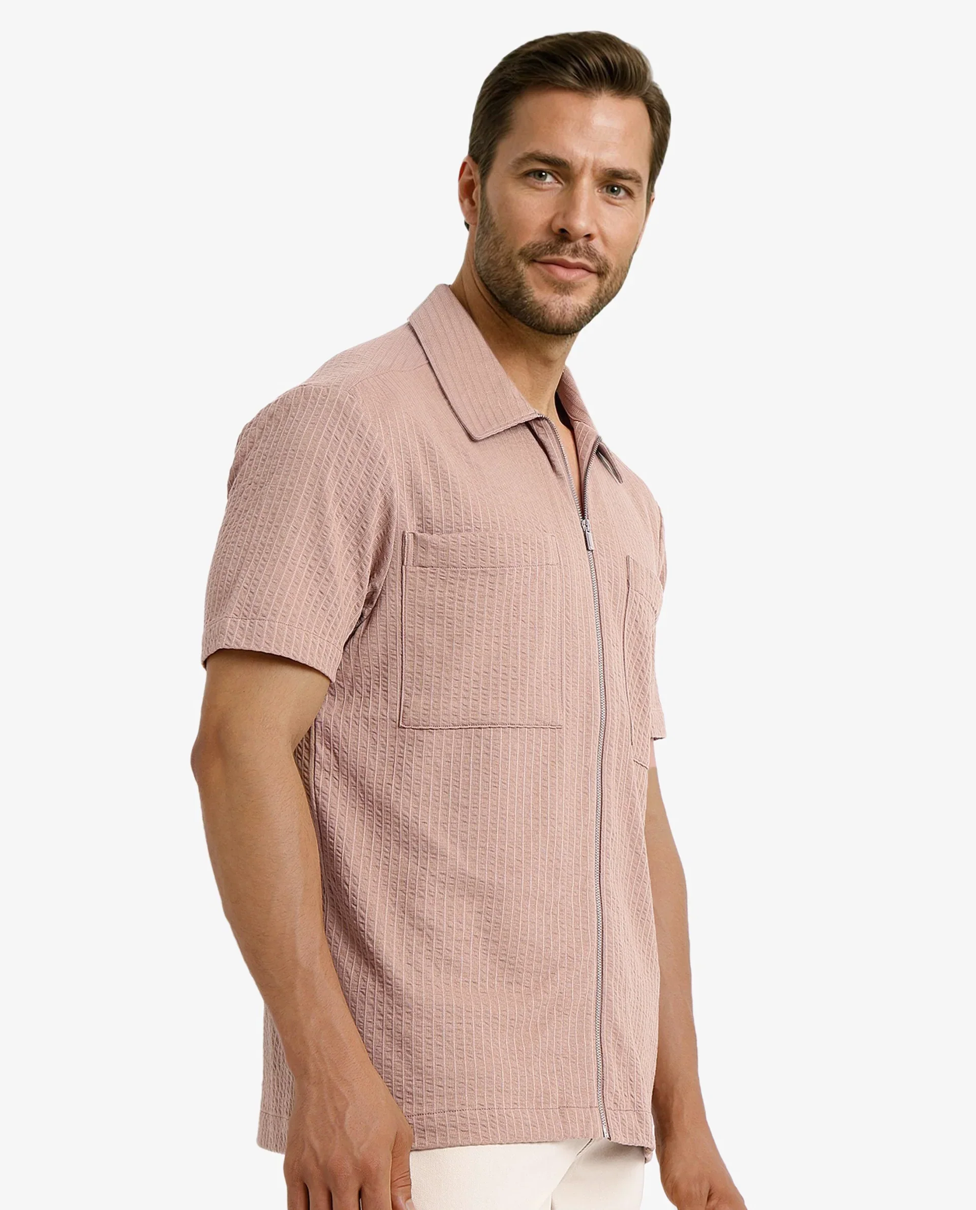 Rare Rabbit Men's Loomz Light Brown Cotton Textured Boxy Fit Half Sleeve Spread Collar Shirt - Image 5