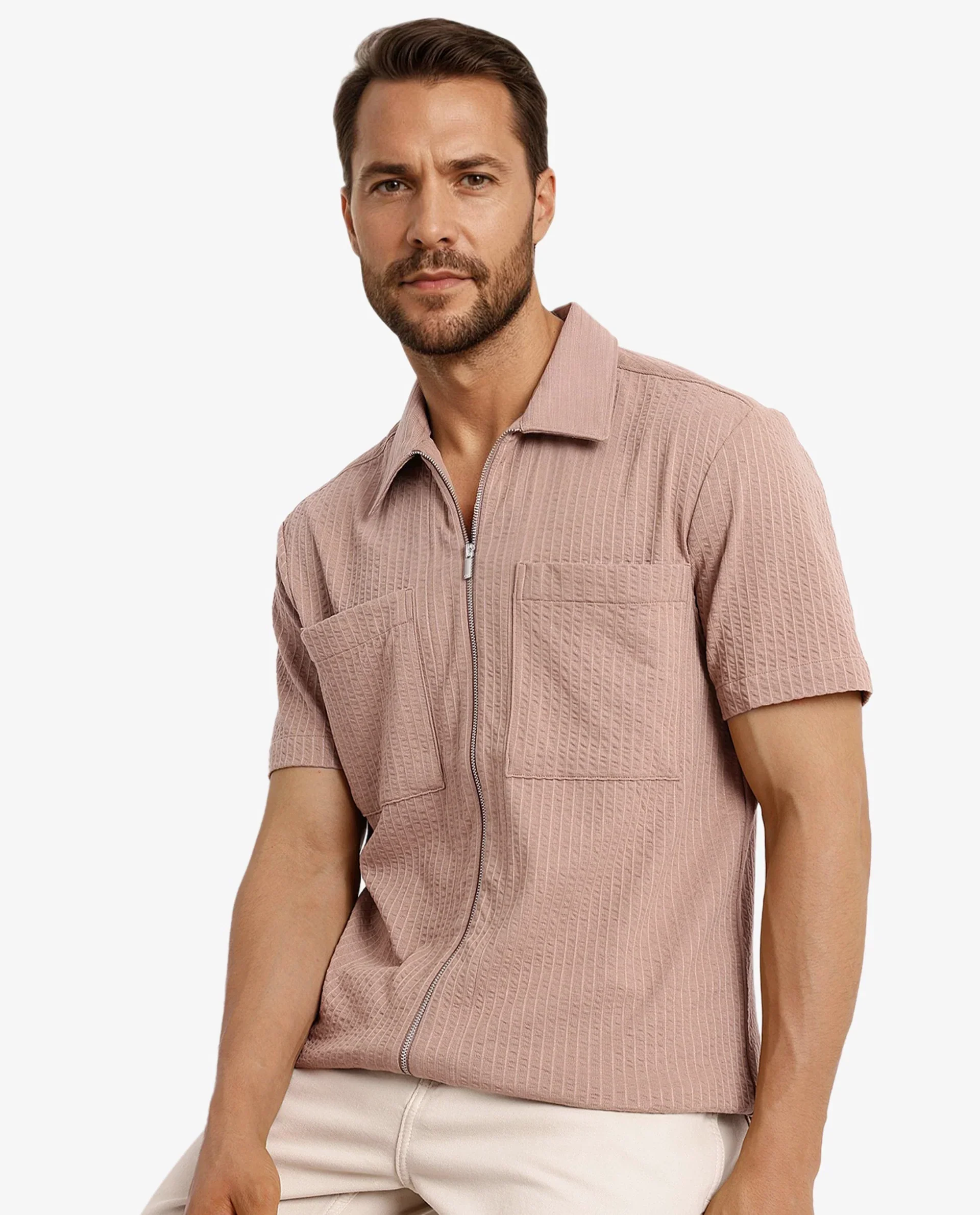 Rare Rabbit Men's Loomz Light Brown Cotton Textured Boxy Fit Half Sleeve Spread Collar Shirt - Image 7