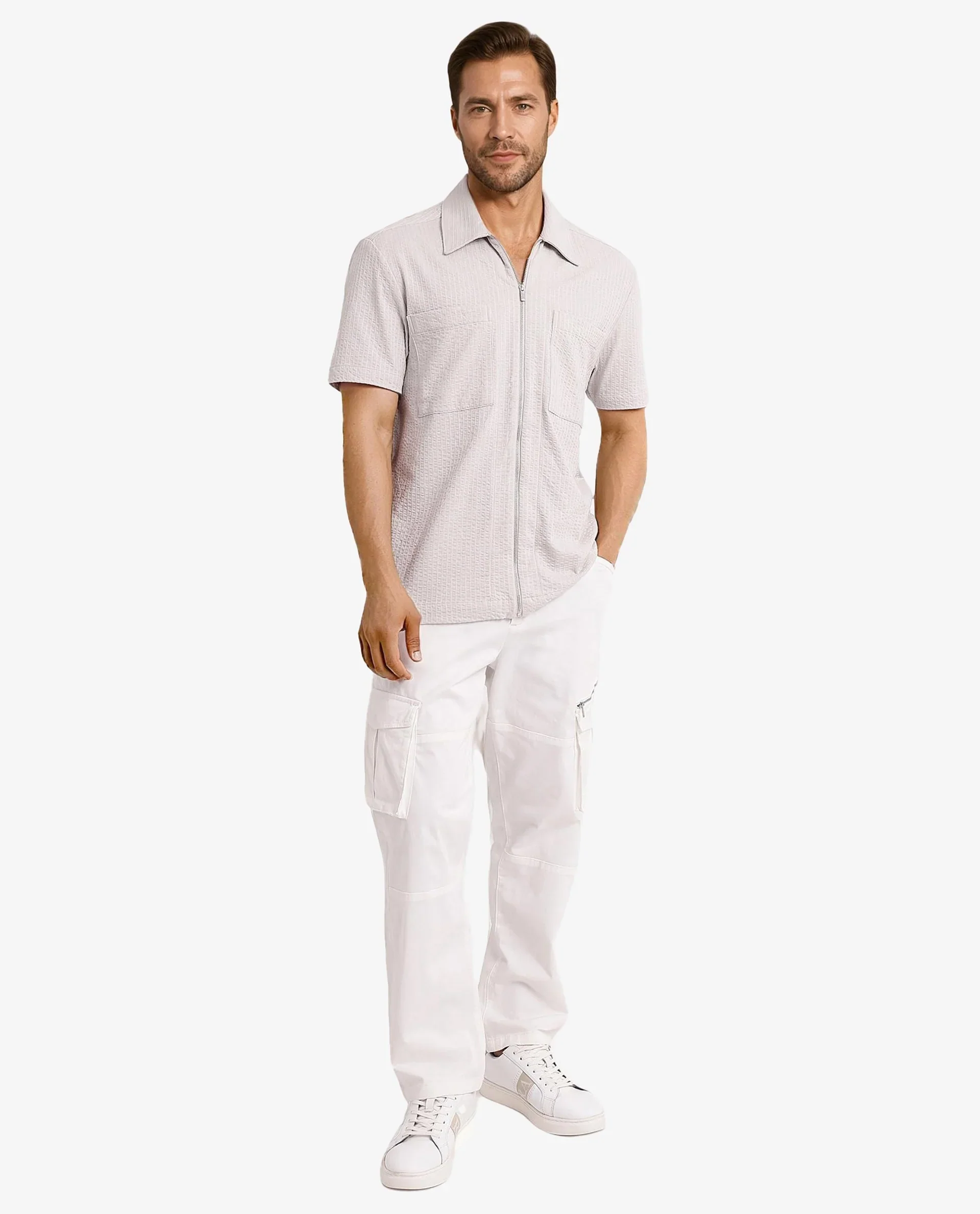 Rare Rabbit Men's Loomz Light Grey Cotton Textured Boxy Fit Half Sleeve Spread Collar Shirt - Image 2