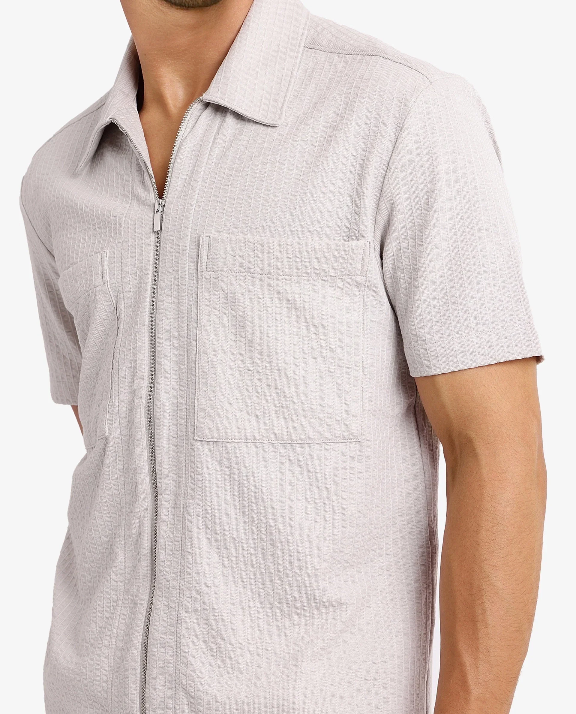 Rare Rabbit Men's Loomz Light Grey Cotton Textured Boxy Fit Half Sleeve Spread Collar Shirt - Image 3
