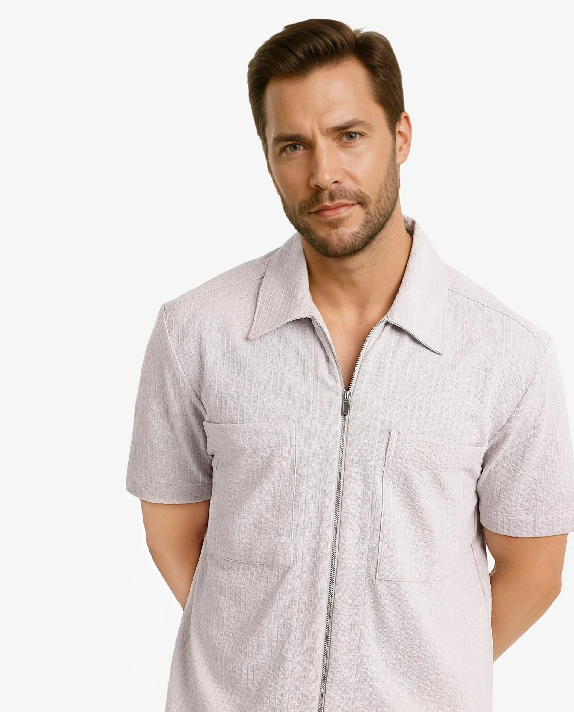Rare Rabbit Men's Loomz Light Grey Cotton Textured Boxy Fit Half Sleeve Spread Collar Shirt - Image 5