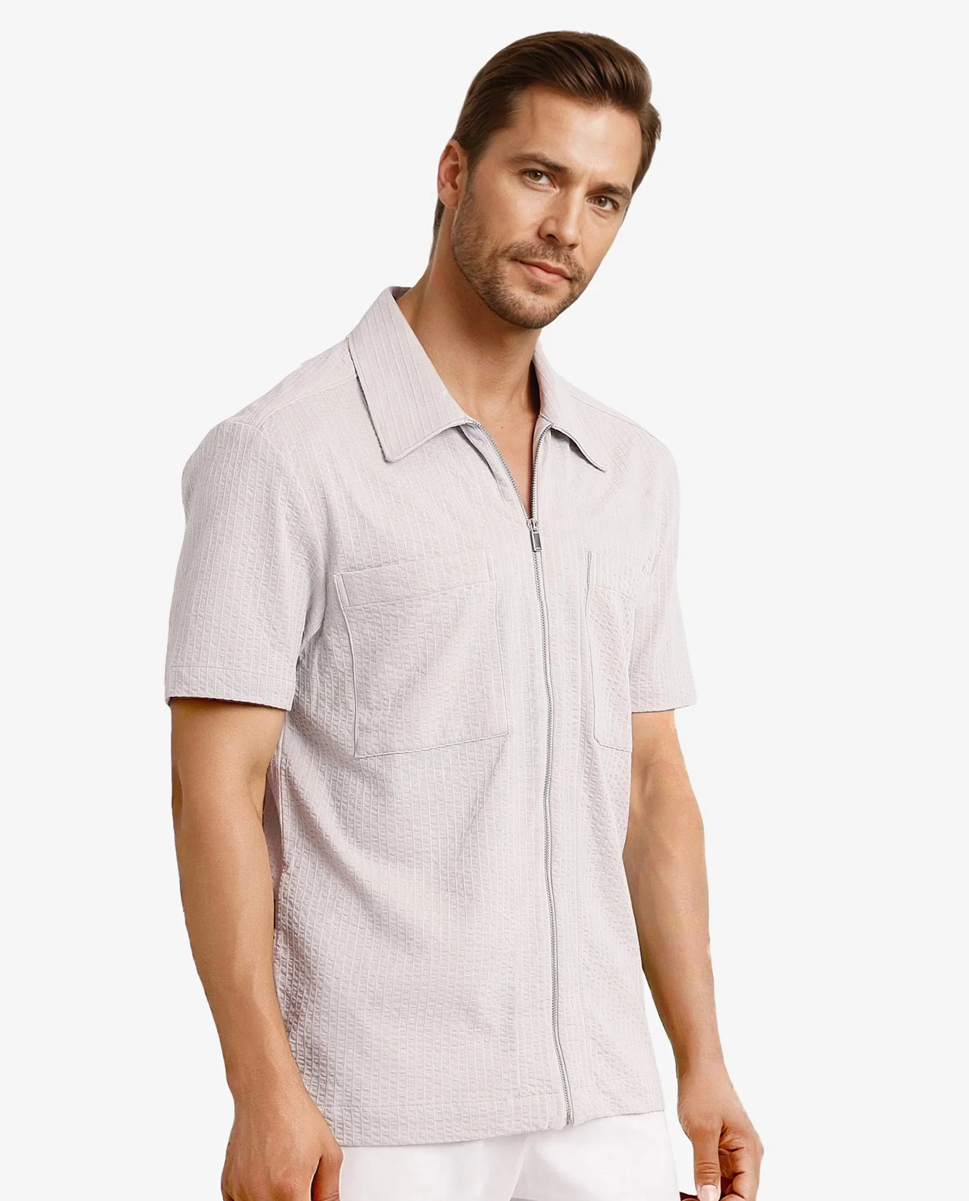 Rare Rabbit Men's Loomz Light Grey Cotton Textured Boxy Fit Half Sleeve Spread Collar Shirt - Image 6
