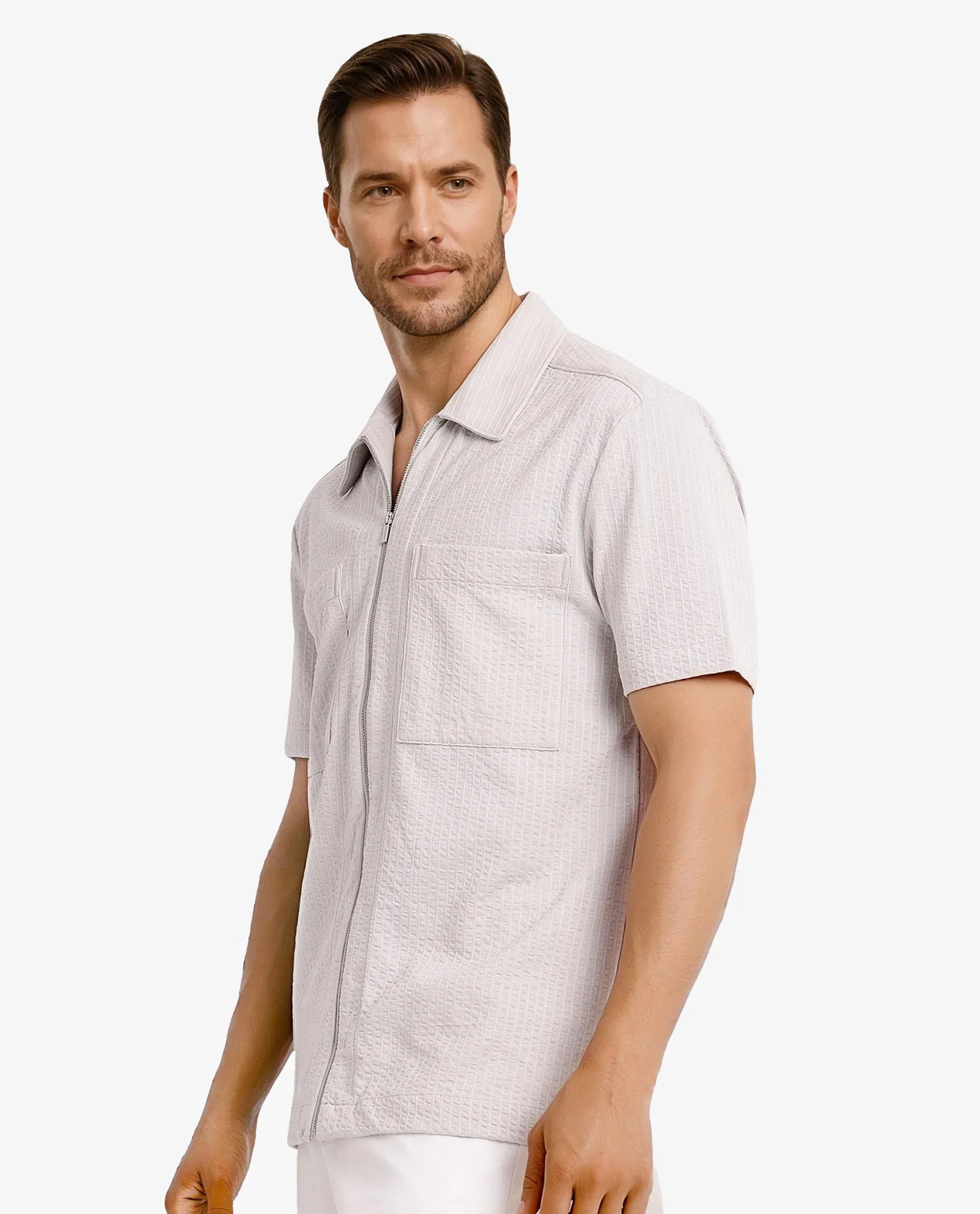 Rare Rabbit Men's Loomz Light Grey Cotton Textured Boxy Fit Half Sleeve Spread Collar Shirt - Image 7