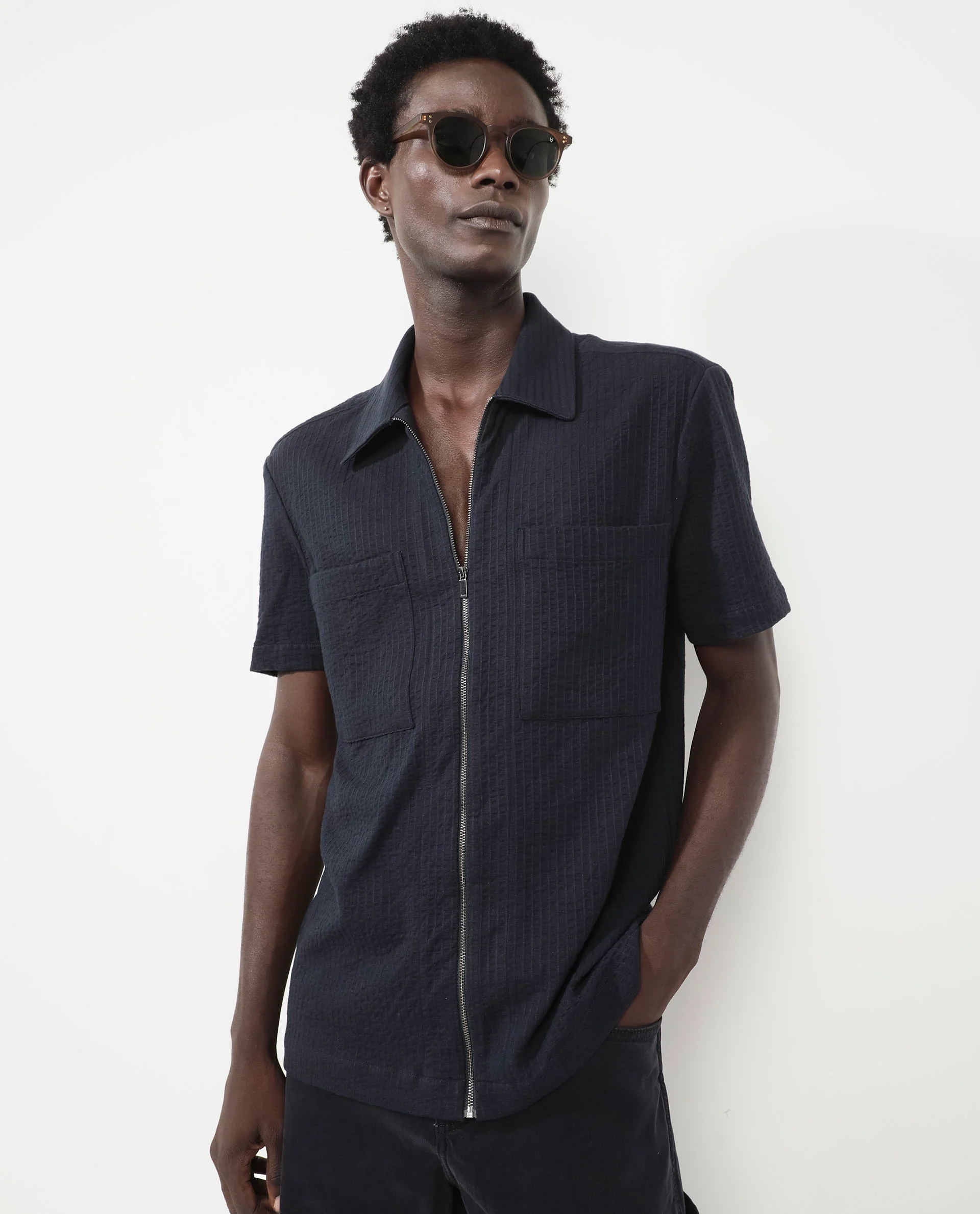 Rare Rabbit Men's Loomz Navy Cotton Striped Print Boxy Fit Half Sleeve Spread Collar Shirt - Image 4