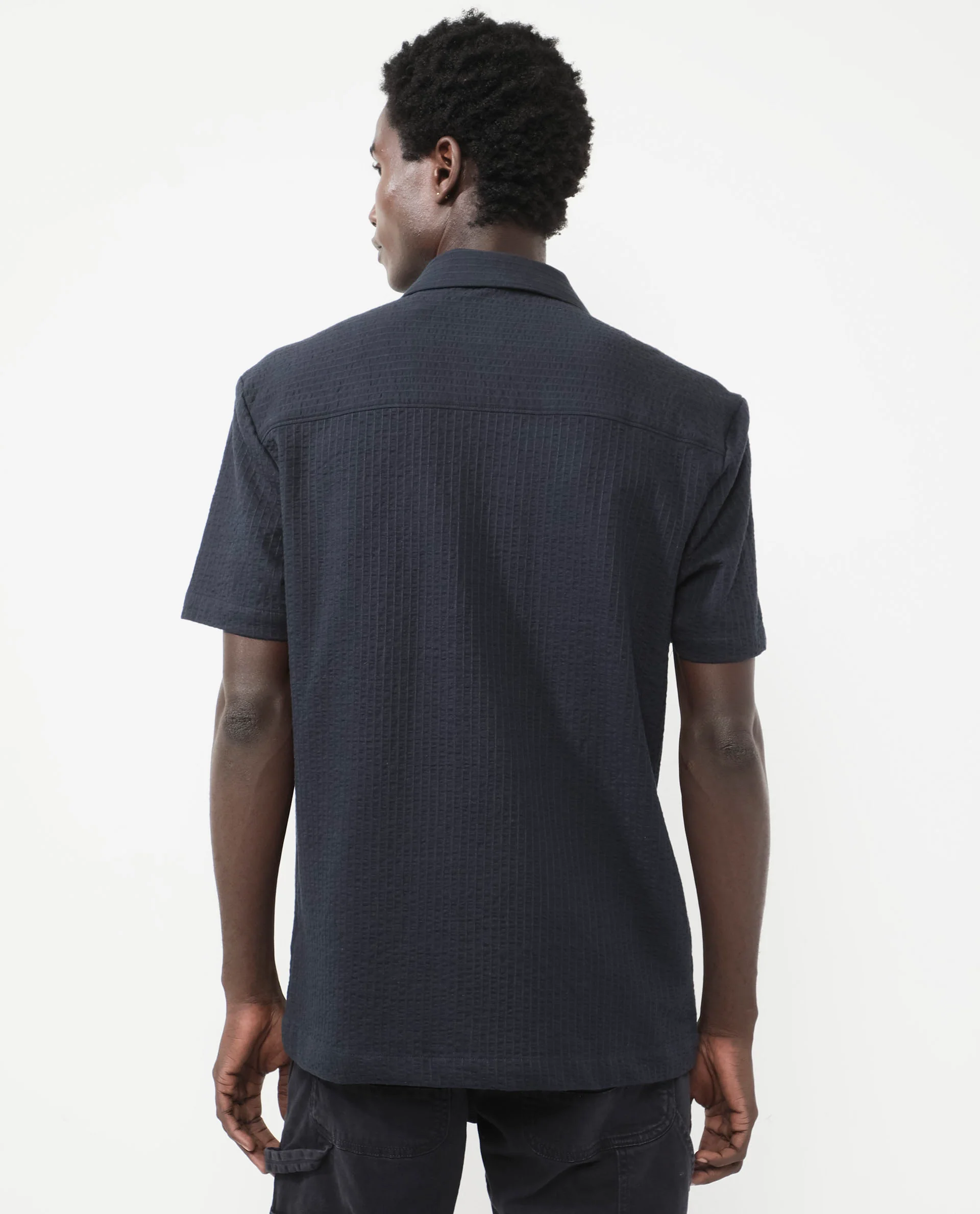 Rare Rabbit Men's Loomz Navy Cotton Striped Print Boxy Fit Half Sleeve Spread Collar Shirt - Image 8