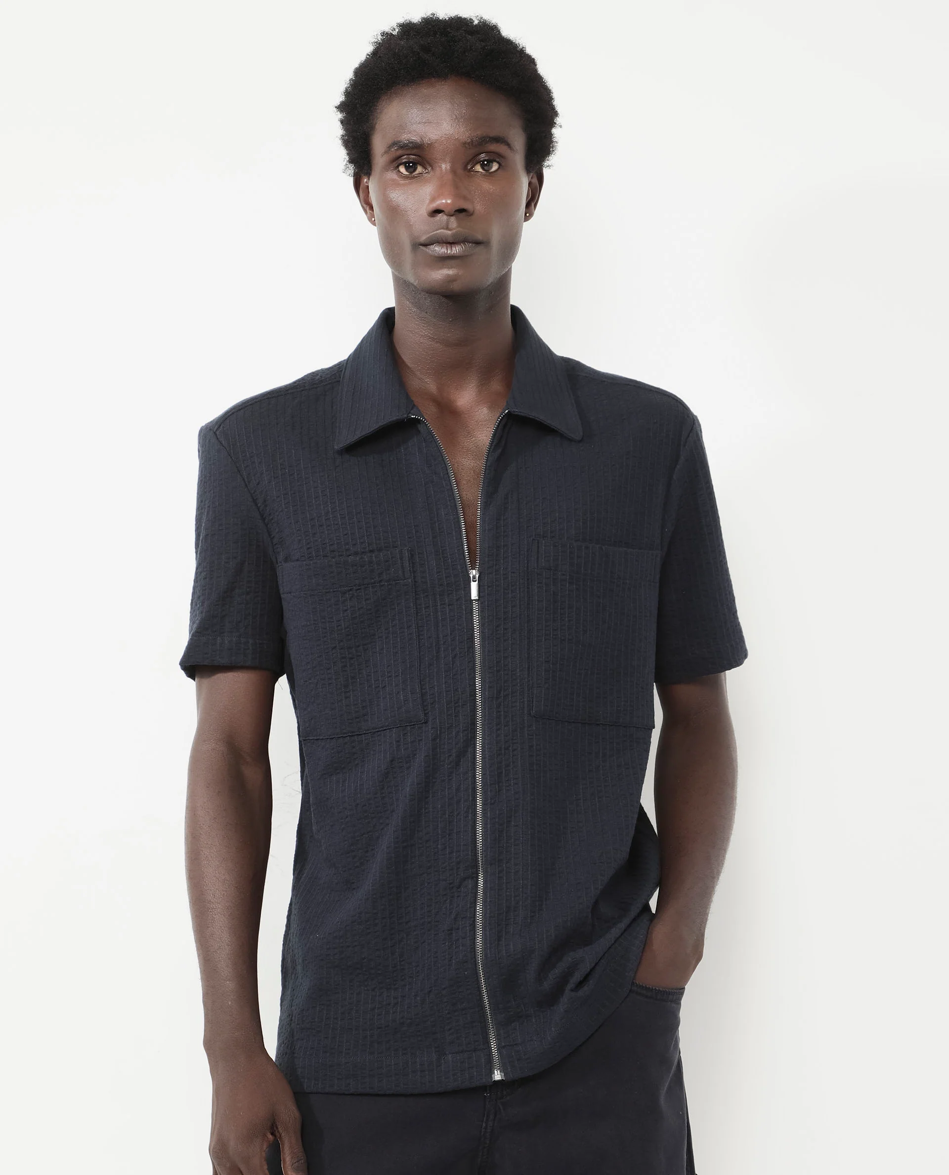 Rare Rabbit Men's Loomz Navy Cotton Striped Print Boxy Fit Half Sleeve Spread Collar Shirt - Image 9