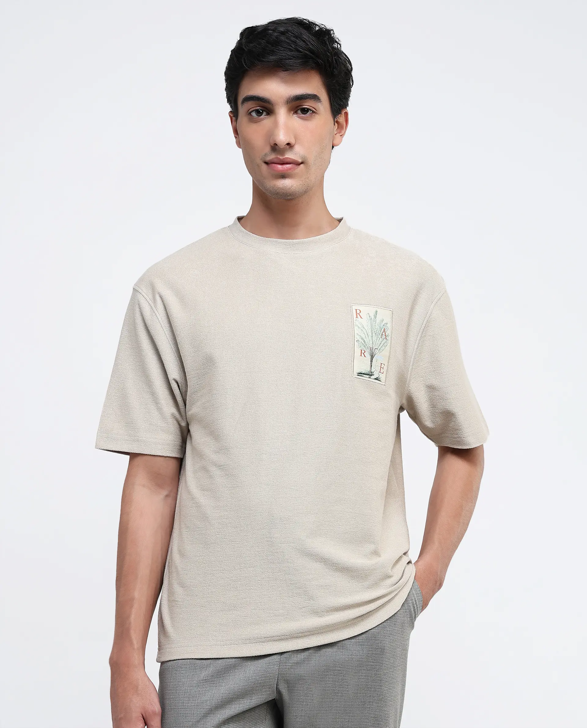 Rare Rabbit Men's Loopet-1 Beige Cotton Embroidered Oversized Fit Half Sleeve Crew Neck T-Shirt