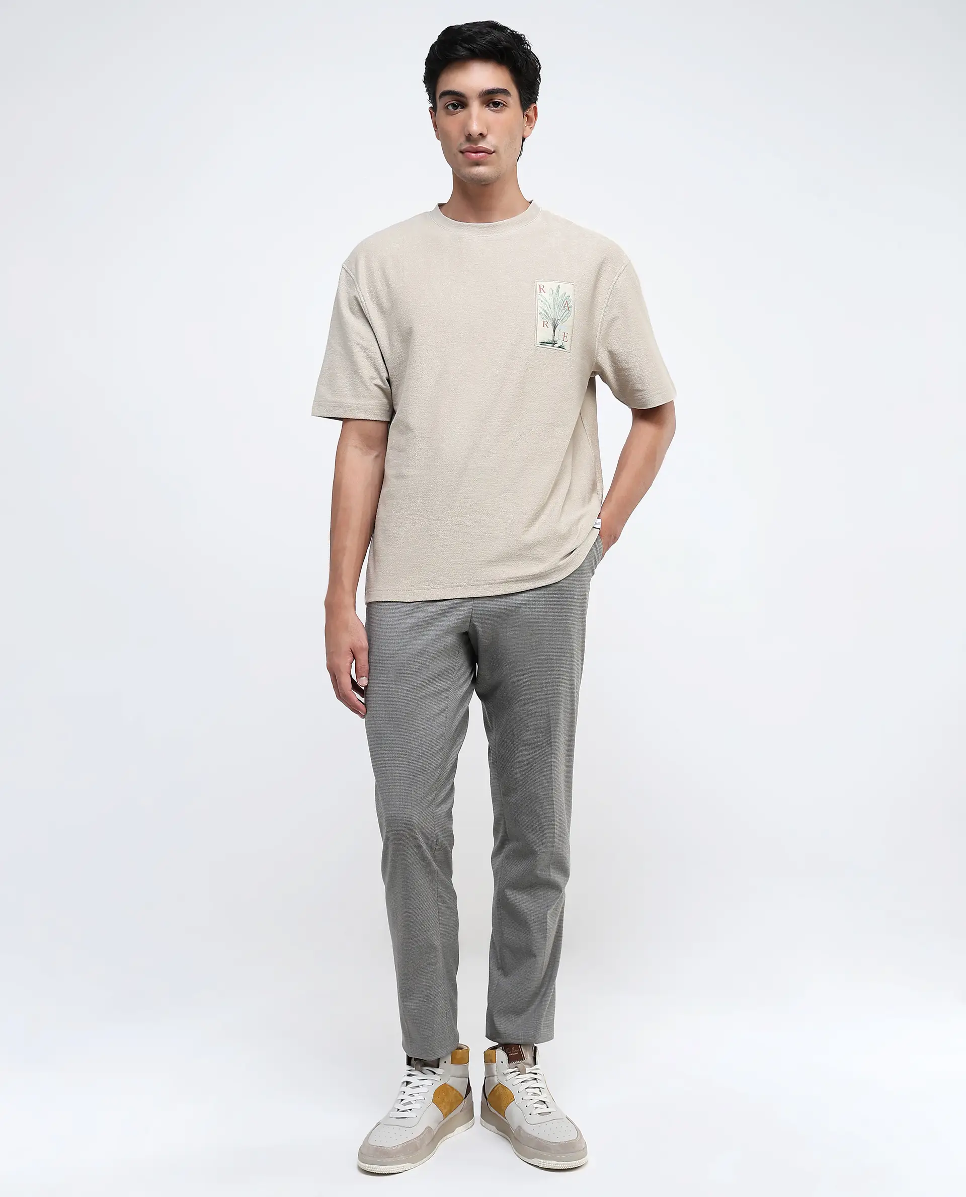 Rare Rabbit Men's Loopet-1 Beige Cotton Embroidered Oversized Fit Half Sleeve Crew Neck T-Shirt - Image 2