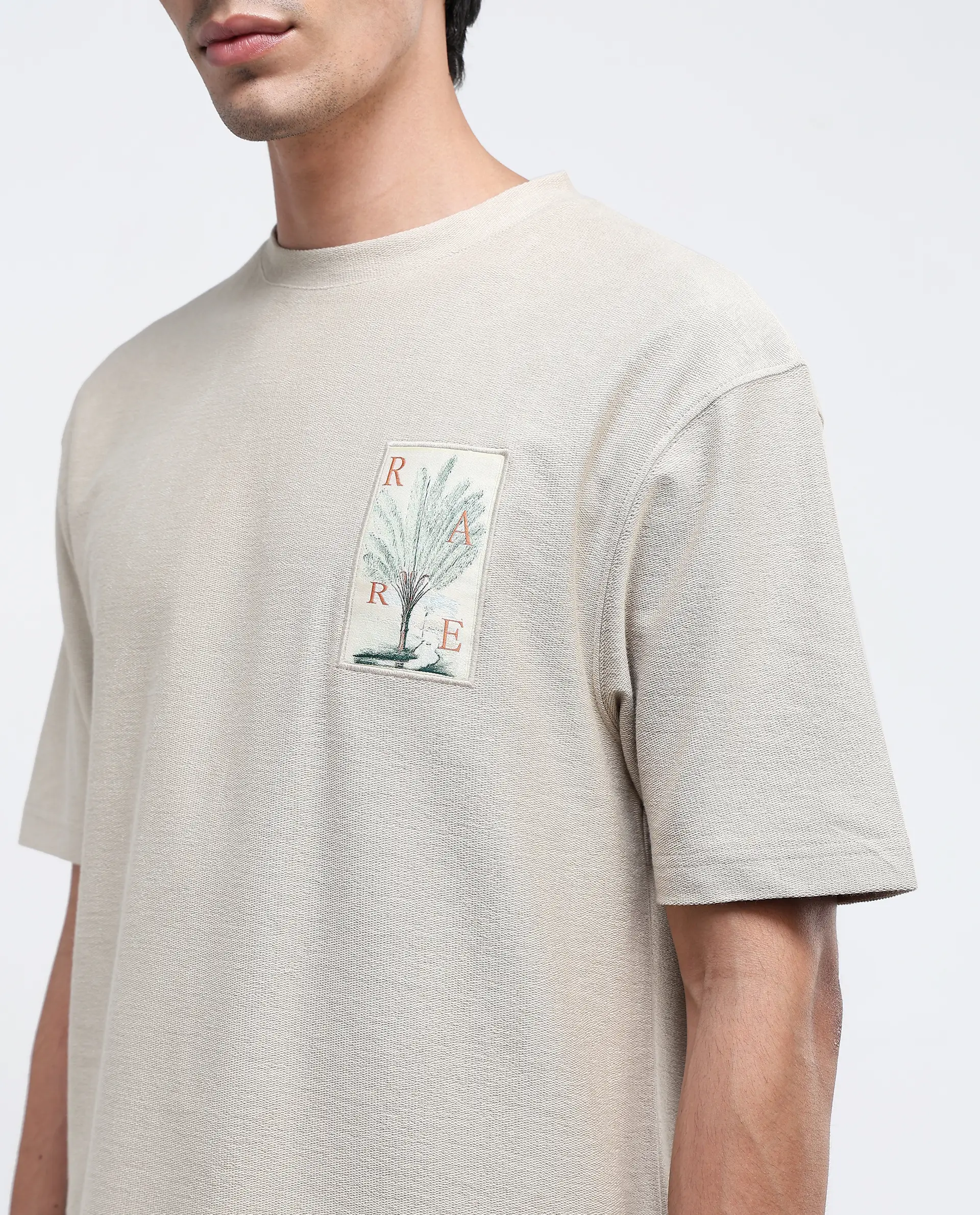 Rare Rabbit Men's Loopet-1 Beige Cotton Embroidered Oversized Fit Half Sleeve Crew Neck T-Shirt - Image 3