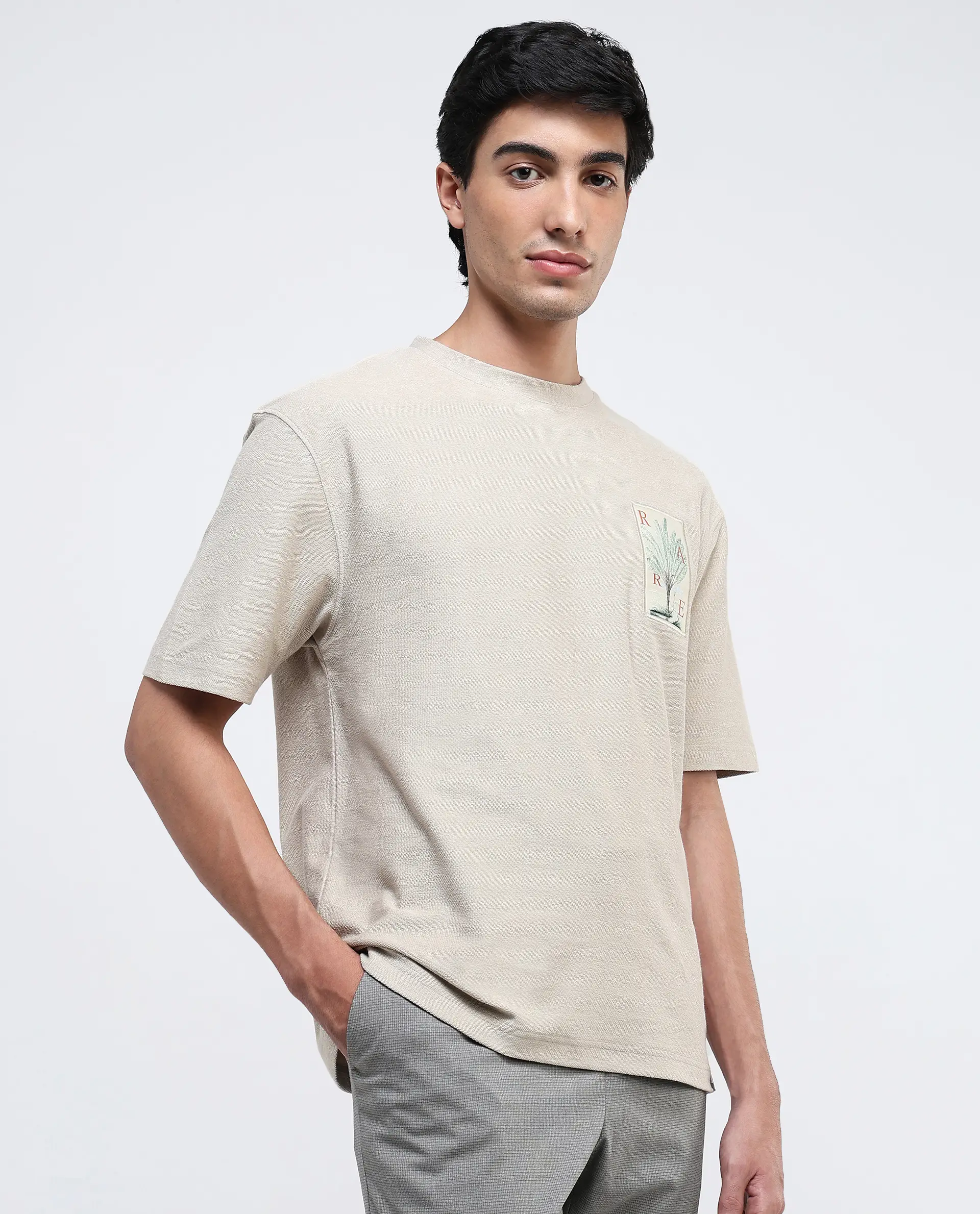 Rare Rabbit Men's Loopet-1 Beige Cotton Embroidered Oversized Fit Half Sleeve Crew Neck T-Shirt - Image 4