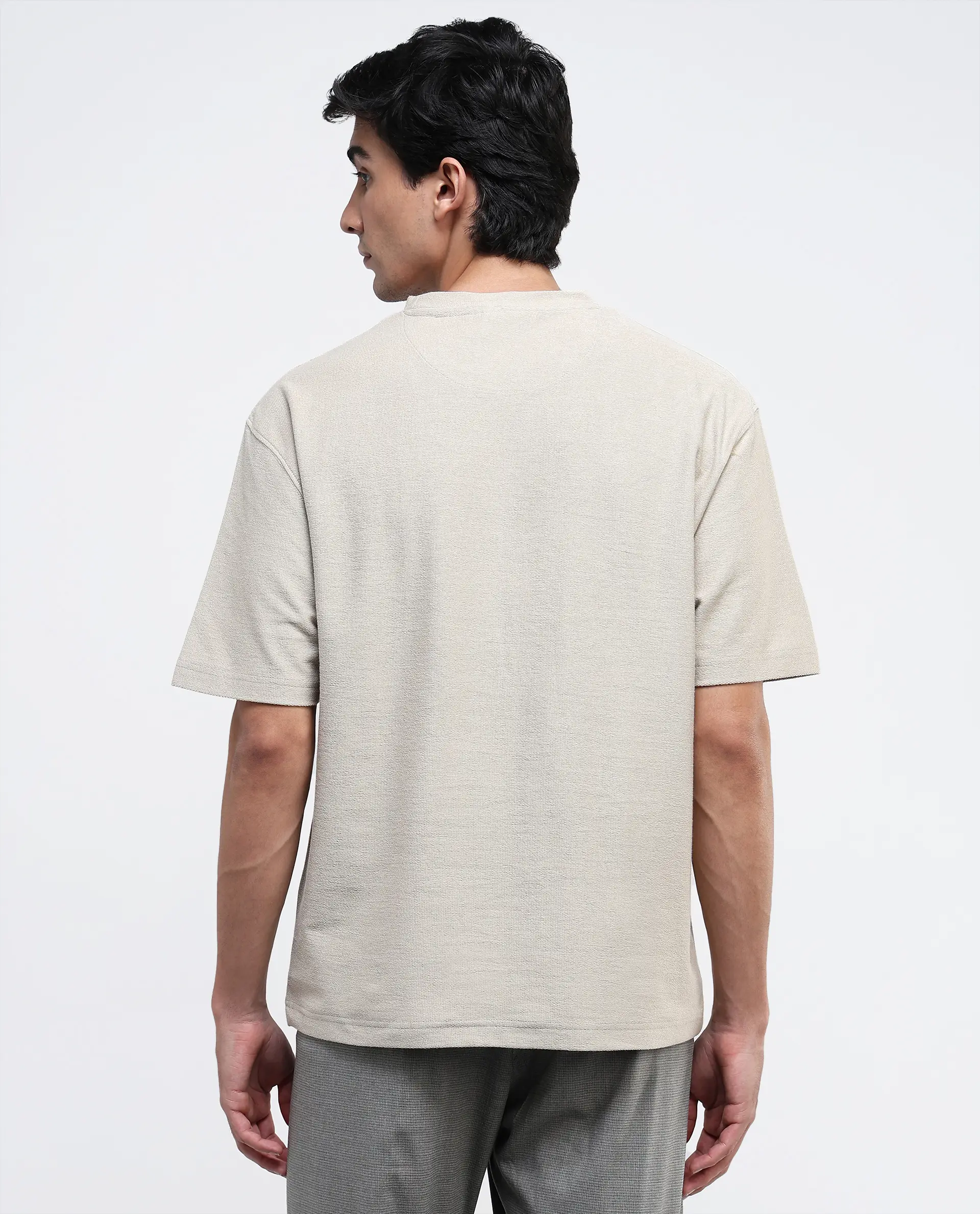 Rare Rabbit Men's Loopet-1 Beige Cotton Embroidered Oversized Fit Half Sleeve Crew Neck T-Shirt - Image 5