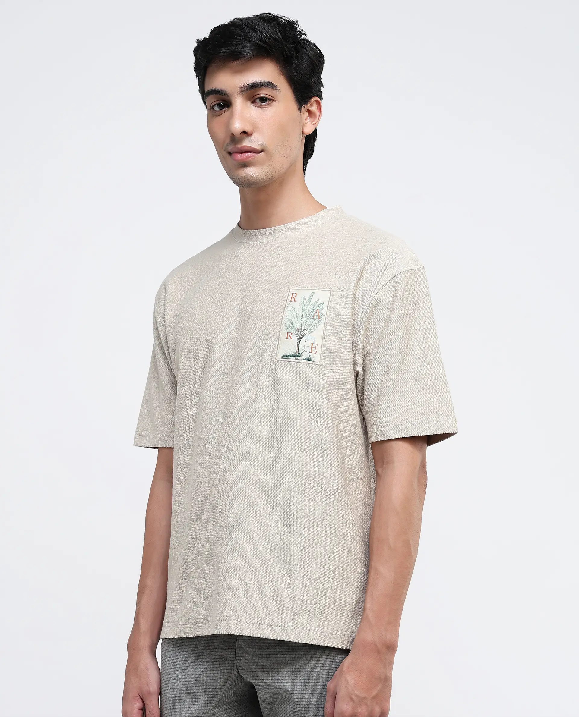 Rare Rabbit Men's Loopet-1 Beige Cotton Embroidered Oversized Fit Half Sleeve Crew Neck T-Shirt - Image 6