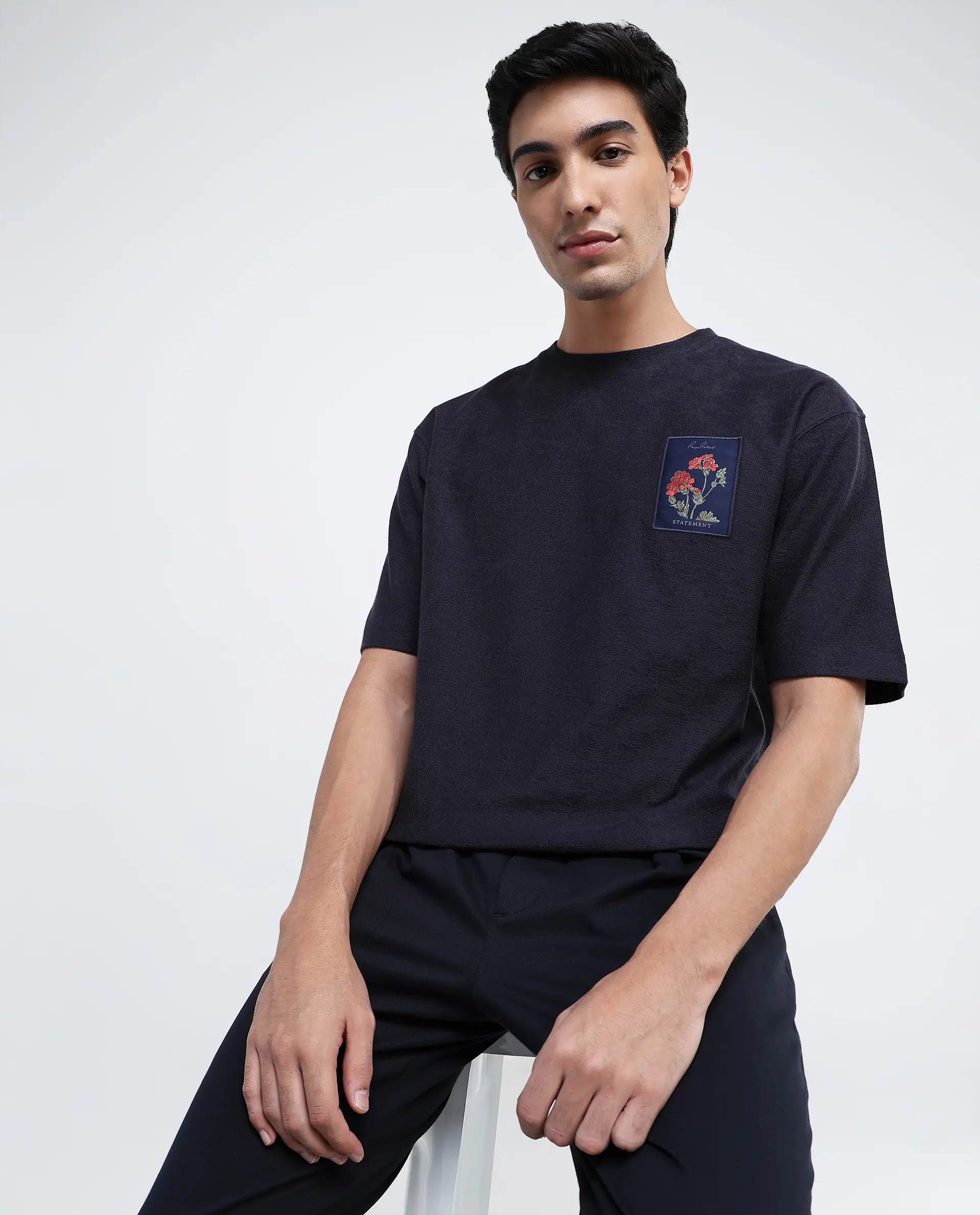 Rare Rabbit Men's Loopet-1 Navy Cotton Embroidered Oversized Fit Half Sleeve Crew Neck T-Shirt
