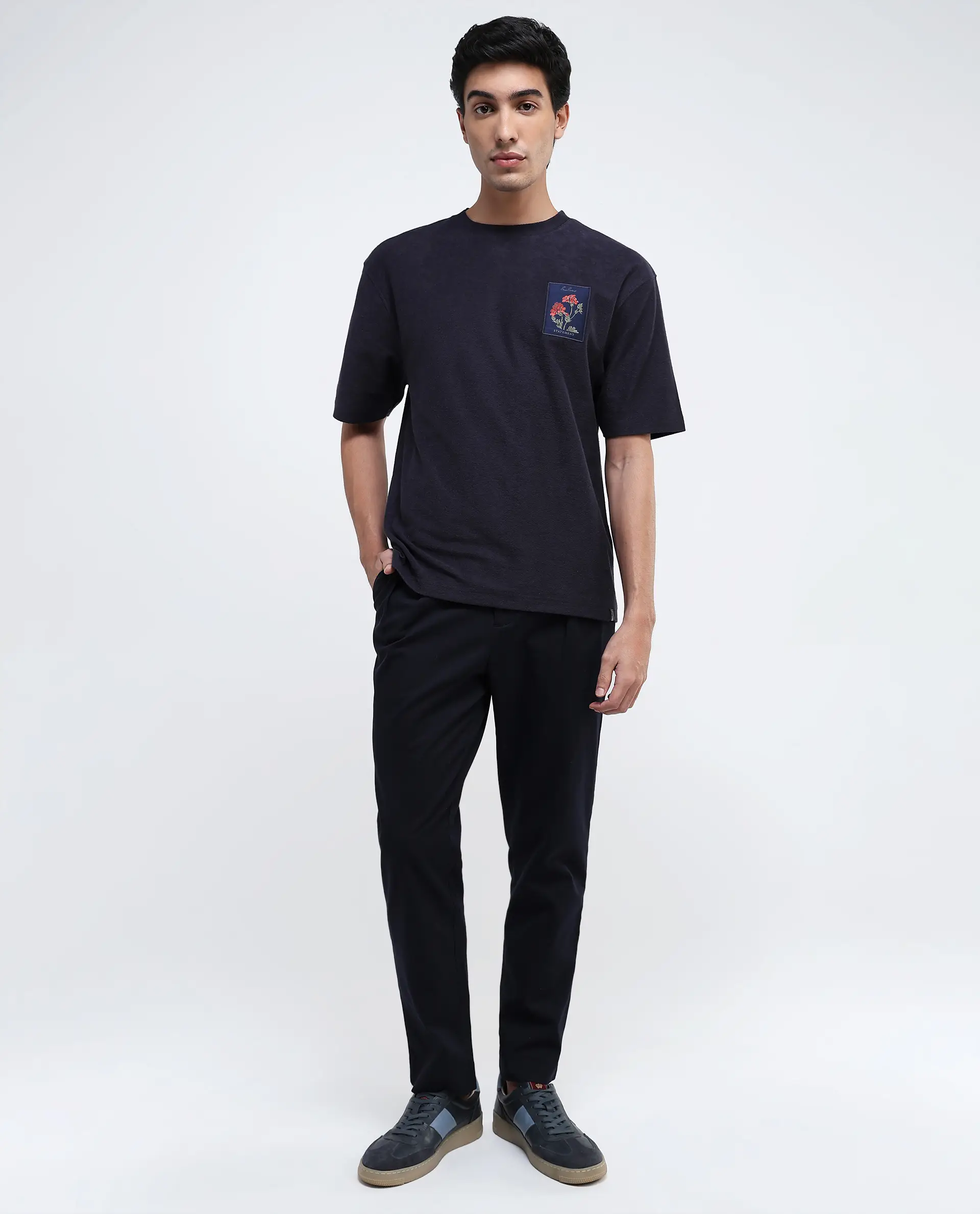 Rare Rabbit Men's Loopet-1 Navy Cotton Embroidered Oversized Fit Half Sleeve Crew Neck T-Shirt - Image 2