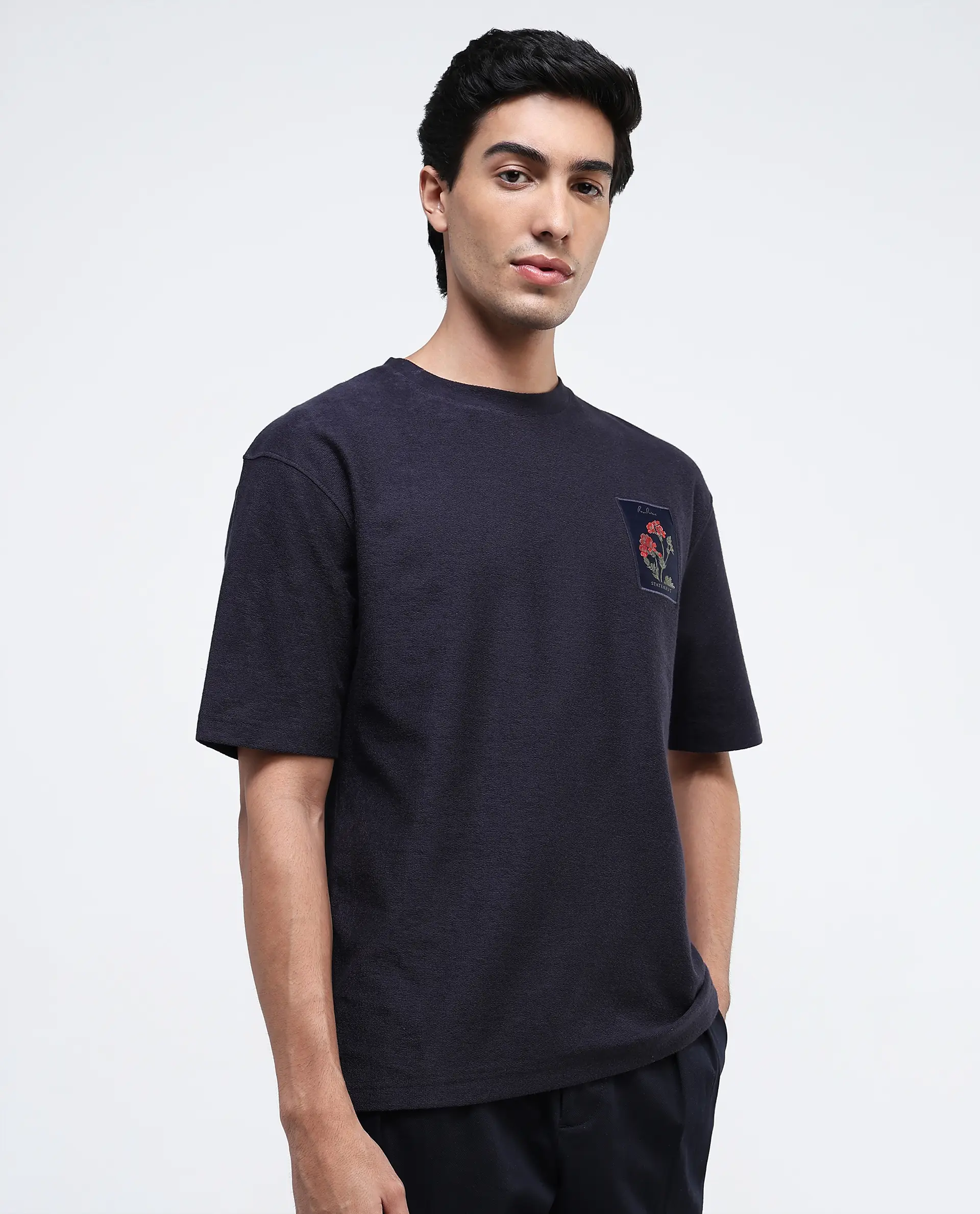 Rare Rabbit Men's Loopet-1 Navy Cotton Embroidered Oversized Fit Half Sleeve Crew Neck T-Shirt - Image 3