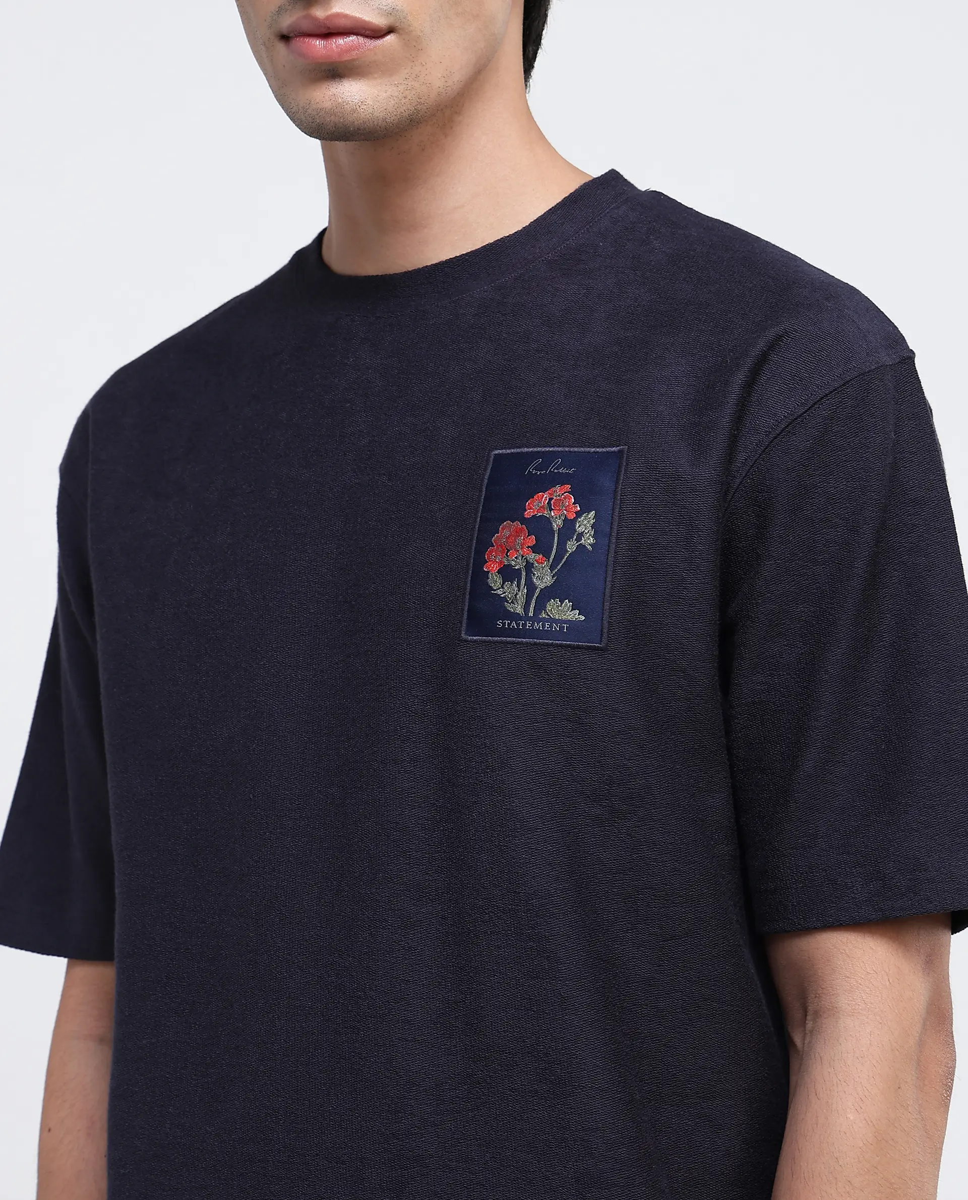Rare Rabbit Men's Loopet-1 Navy Cotton Embroidered Oversized Fit Half Sleeve Crew Neck T-Shirt - Image 4