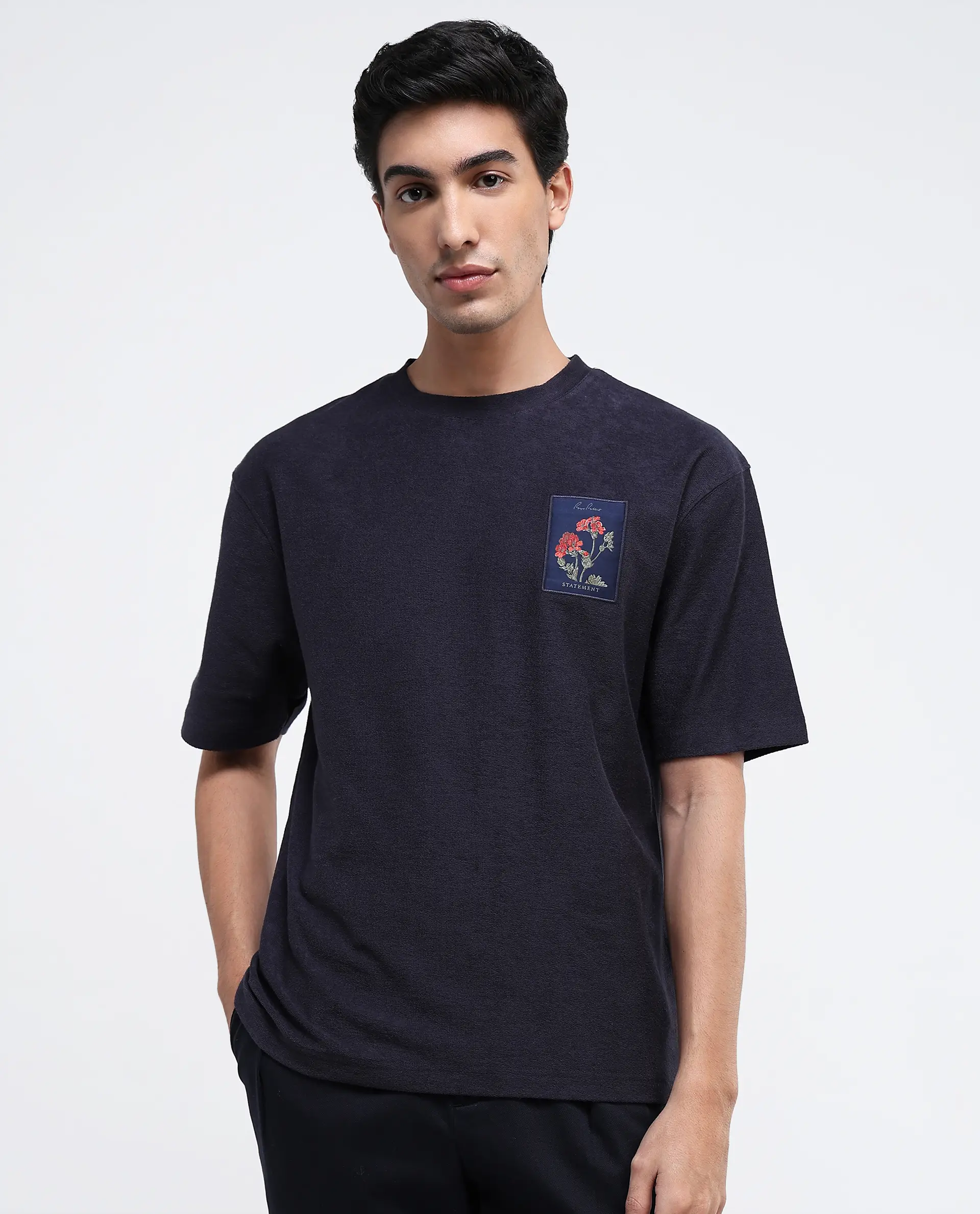 Rare Rabbit Men's Loopet-1 Navy Cotton Embroidered Oversized Fit Half Sleeve Crew Neck T-Shirt - Image 5