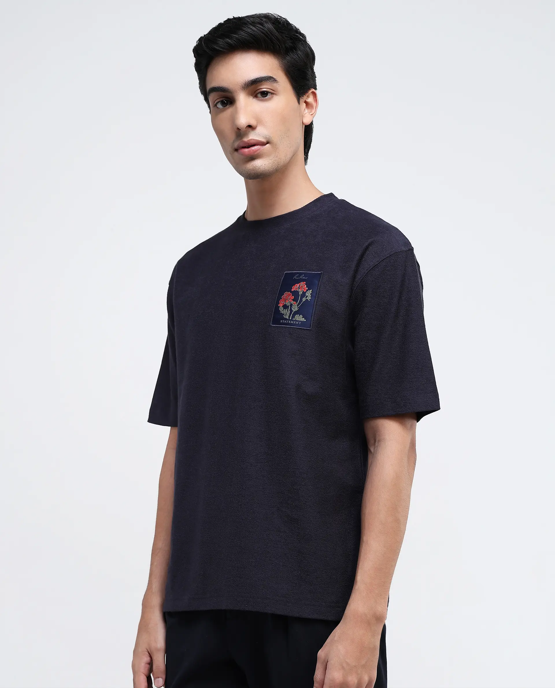 Rare Rabbit Men's Loopet-1 Navy Cotton Embroidered Oversized Fit Half Sleeve Crew Neck T-Shirt - Image 7