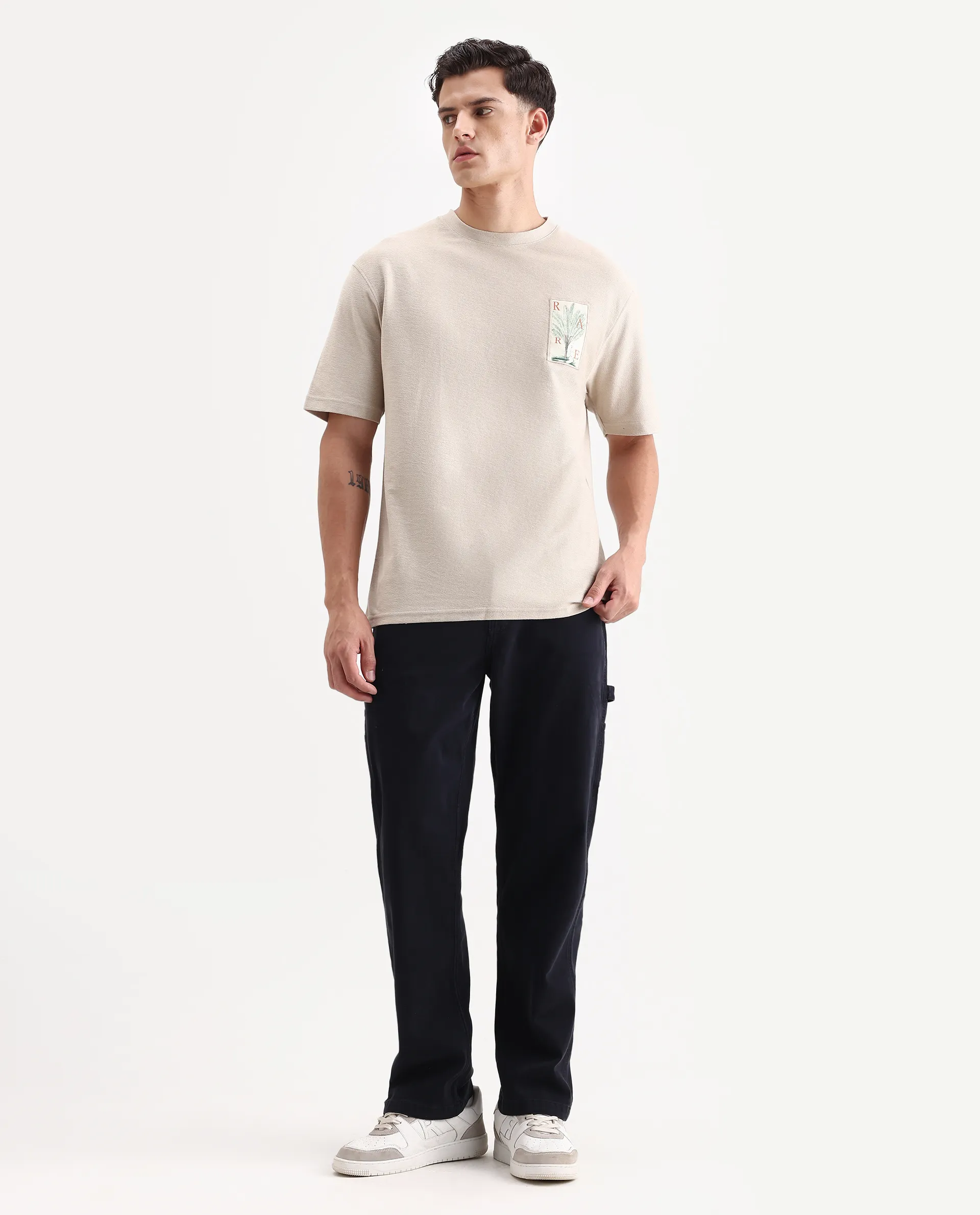 Rare Rabbit Men's Loopet Beige Cotton Embroidered Oversized Fit Half Sleeve Crew Neck T-Shirt - Image 2
