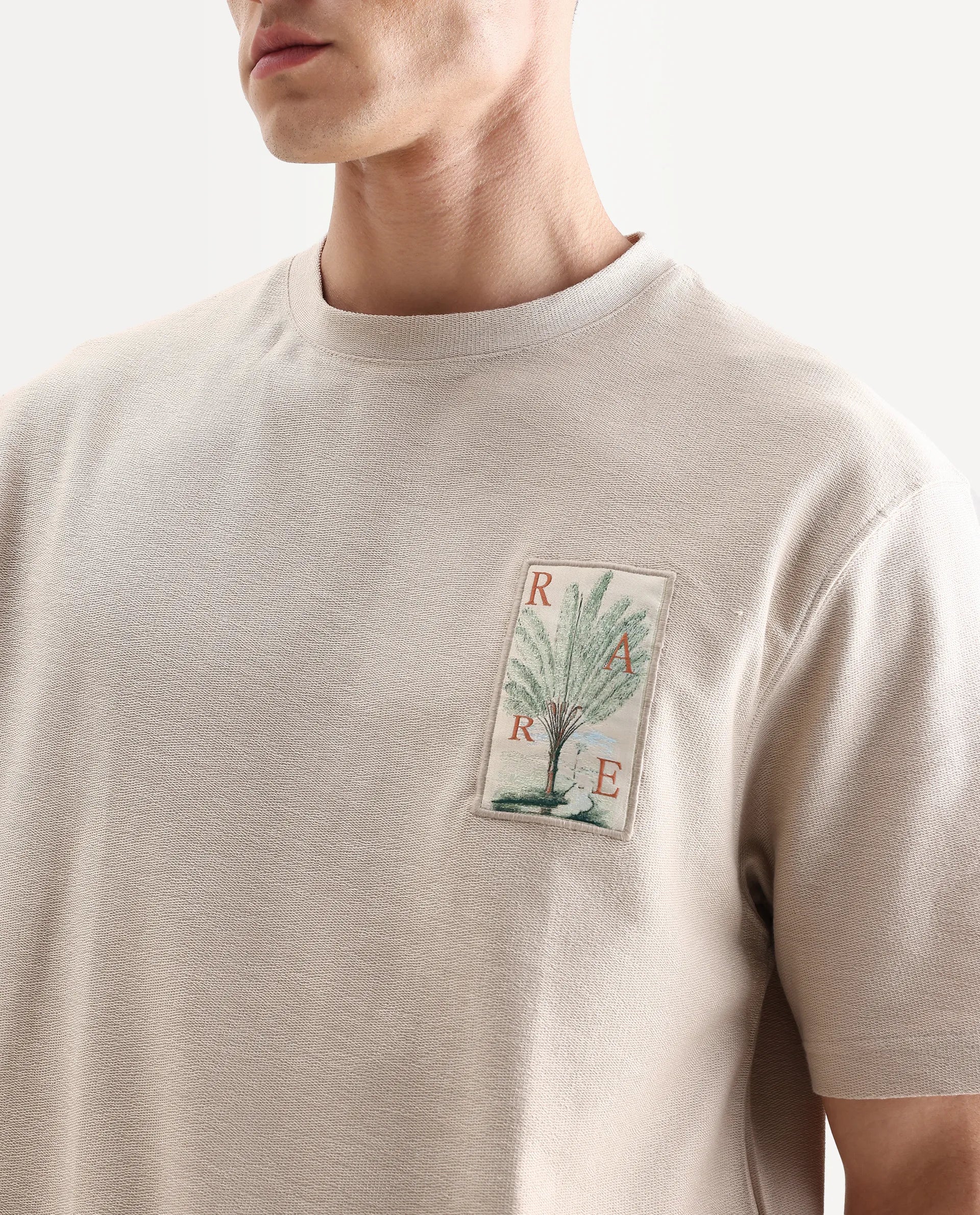 Rare Rabbit Men's Loopet Beige Cotton Embroidered Oversized Fit Half Sleeve Crew Neck T-Shirt - Image 3