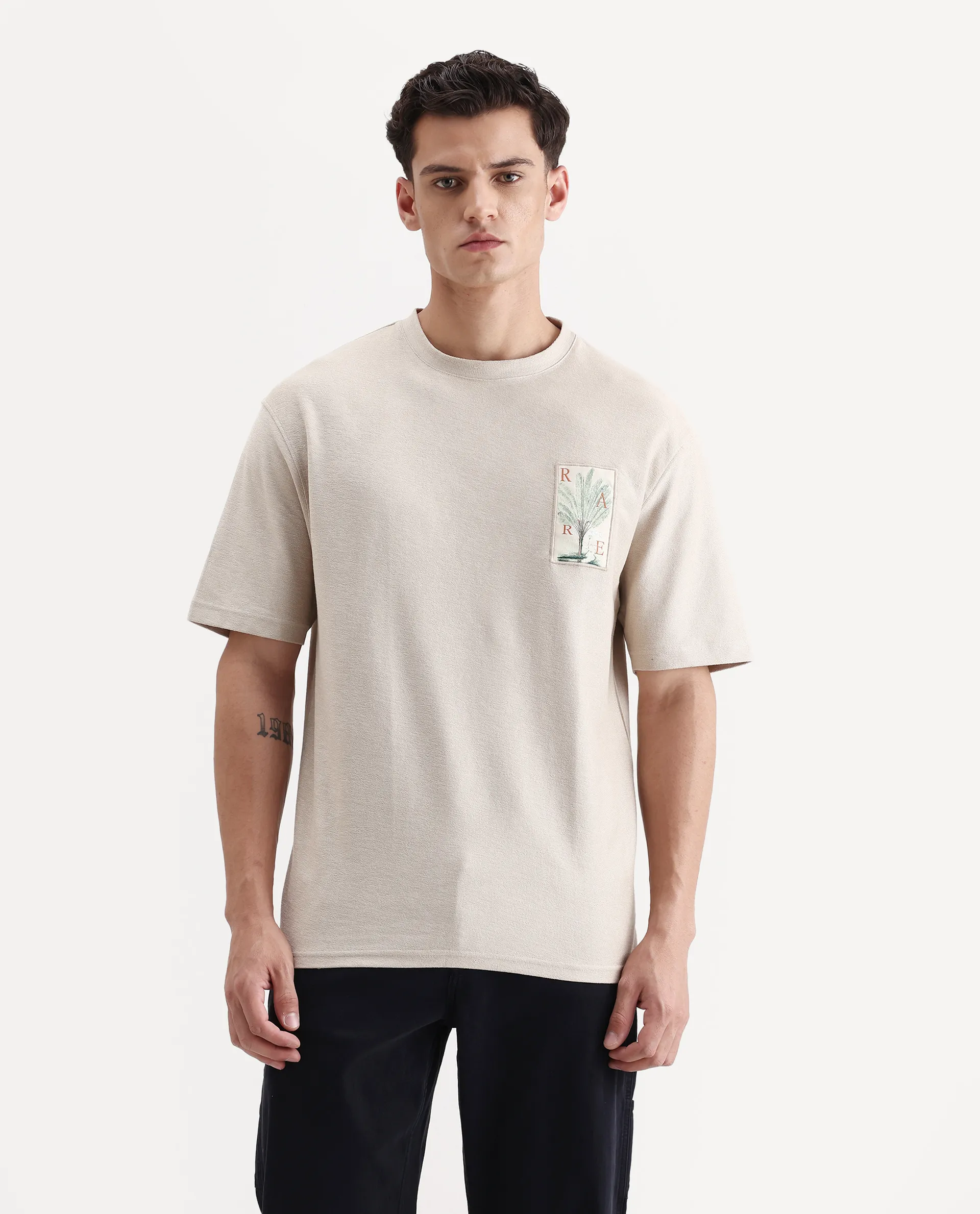 Rare Rabbit Men's Loopet Beige Cotton Embroidered Oversized Fit Half Sleeve Crew Neck T-Shirt - Image 4