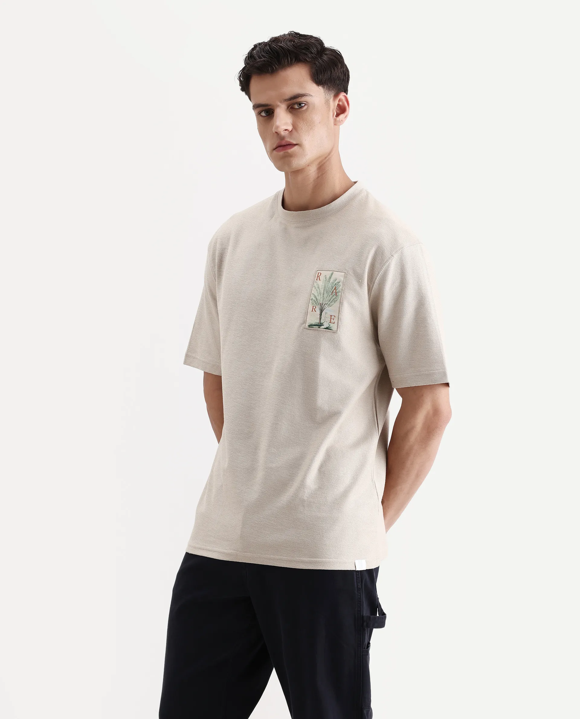 Rare Rabbit Men's Loopet Beige Cotton Embroidered Oversized Fit Half Sleeve Crew Neck T-Shirt - Image 5