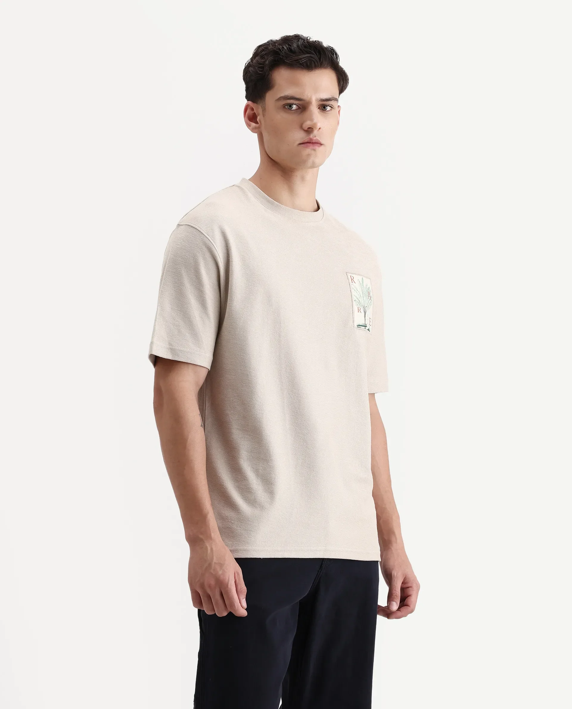 Rare Rabbit Men's Loopet Beige Cotton Embroidered Oversized Fit Half Sleeve Crew Neck T-Shirt - Image 6