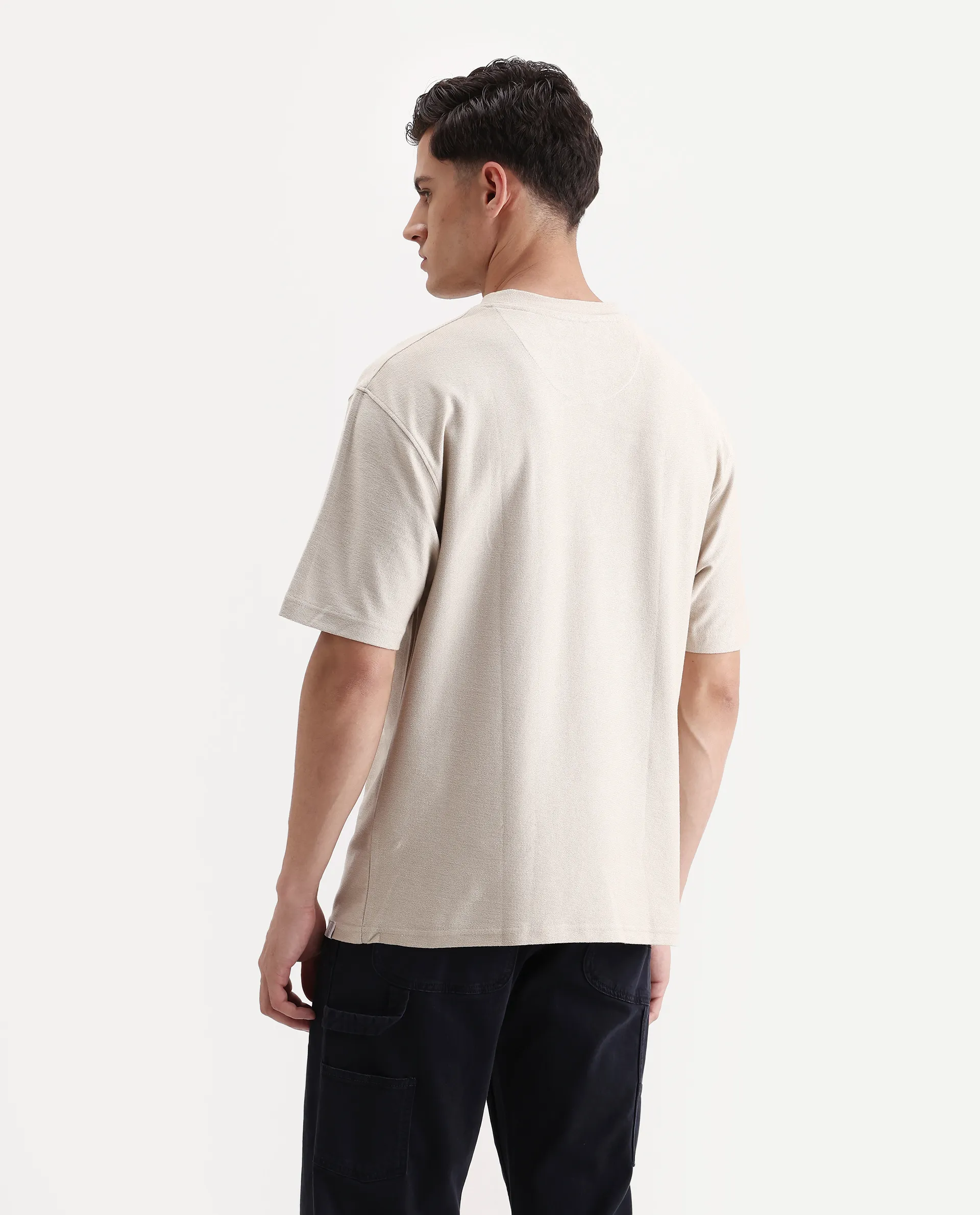 Rare Rabbit Men's Loopet Beige Cotton Embroidered Oversized Fit Half Sleeve Crew Neck T-Shirt - Image 7