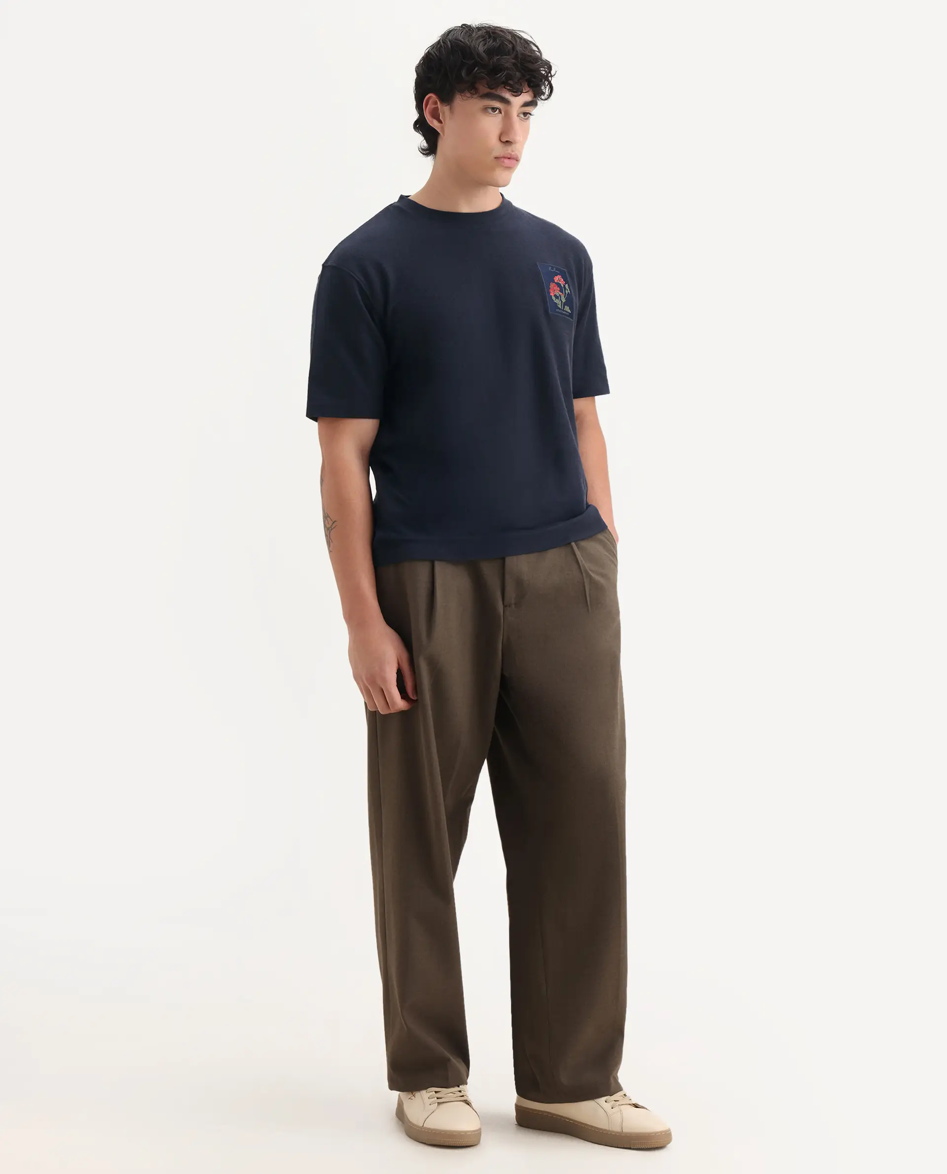 Rare Rabbit Men's Loopet Navy Cotton Embroidered Oversized Fit Half Sleeve Crew Neck T-Shirt - Image 2
